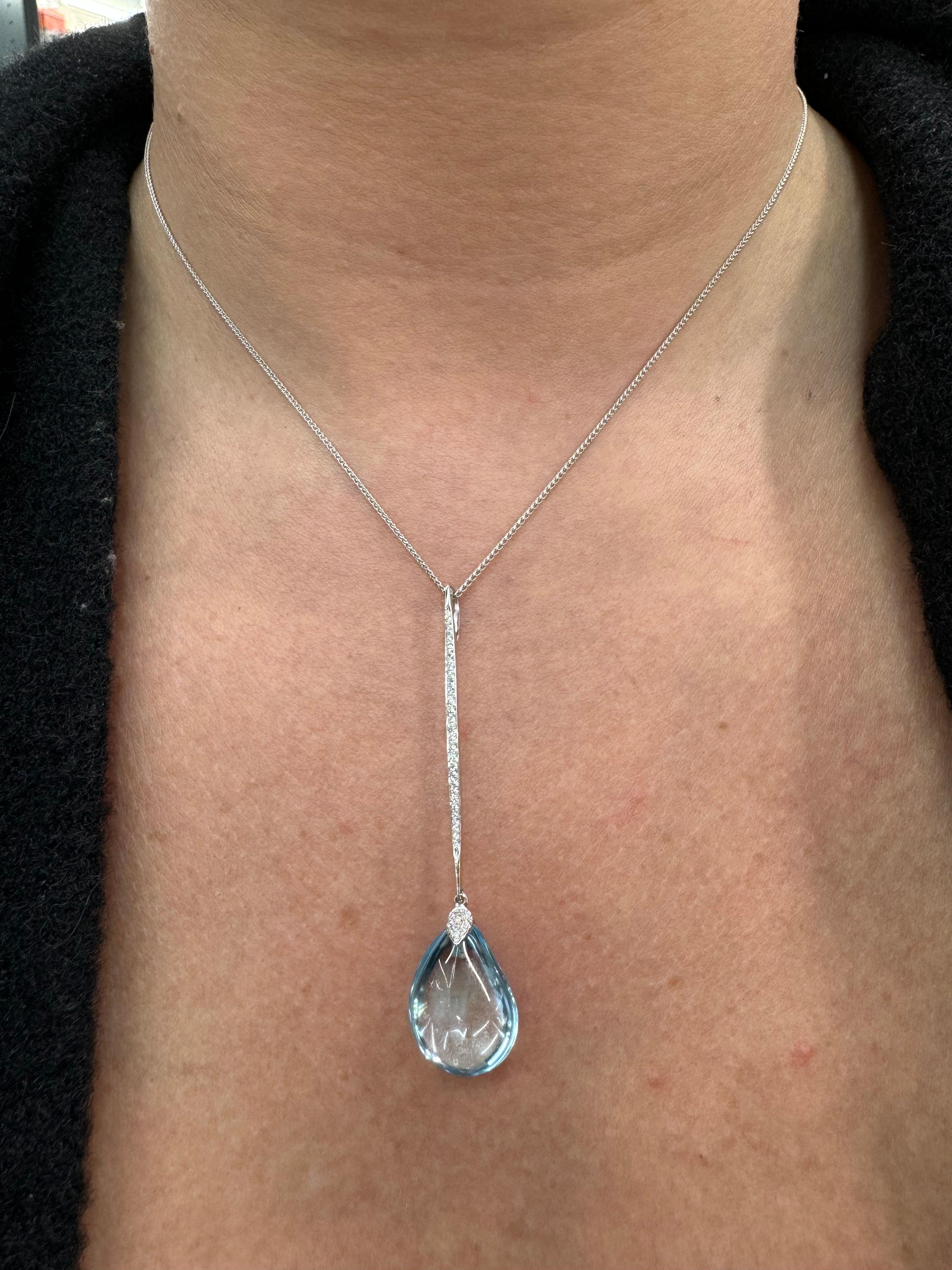 Women's Sky Blue Topaz Diamond Bar Pendant Necklace 13.54 CTTW 18 Karat White Gold For Sale