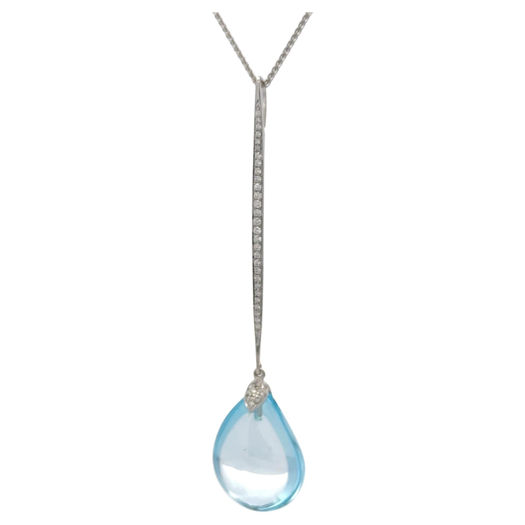 Sky Blue Topaz Diamond Bar Pendant Necklace 13.54 CTTW 18 Karat White Gold For Sale