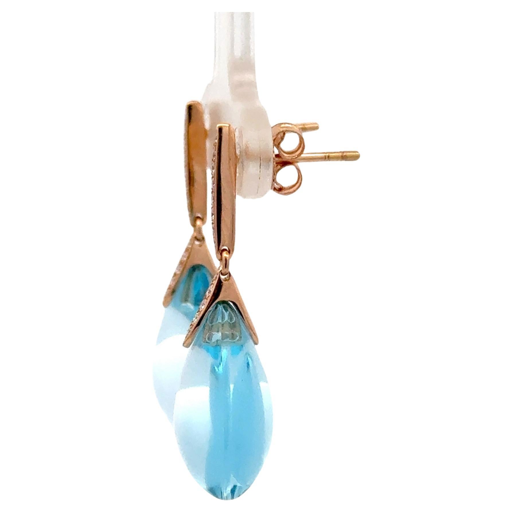 18 Karat rose gold drop earrings featuring two Sky Blue Topaz weighing 29.85 carats flanked with 18 round brilliants, 0.10 carats.