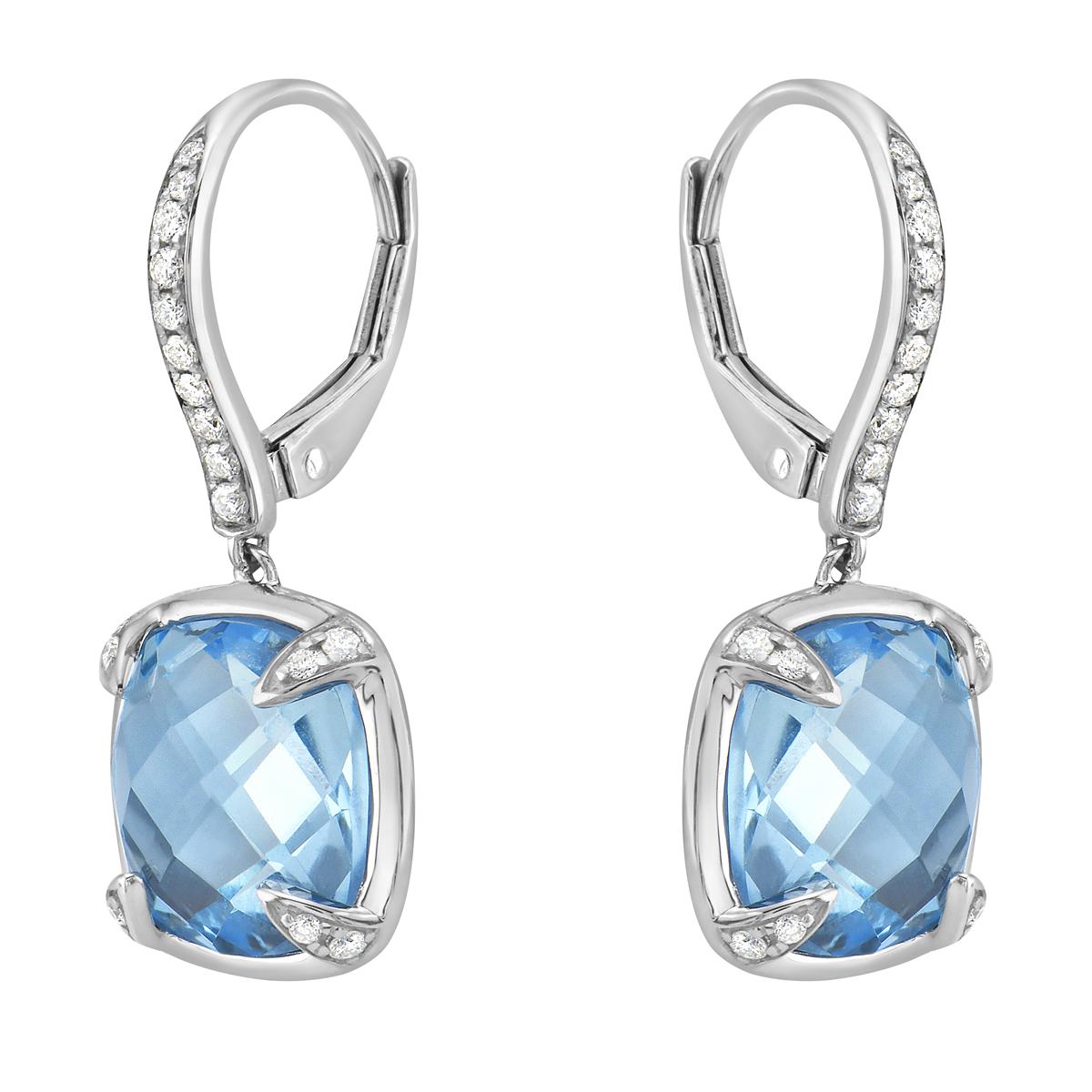 With these exquisite semi-precious sky blue topaz earrings, style and glamour are in the spotlight. These 14-karat cushion cut earrings are made from 3.1 grams of gold, 2 sky blue topaz's totaling 8.80 karats, and are surrounded by 36 round SI1-SI2,