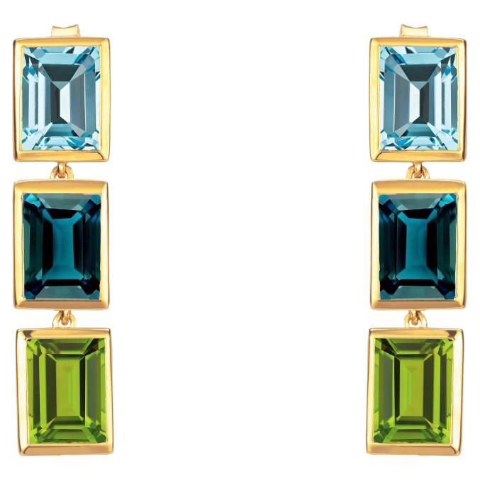 Sky Blue Topaz, London Blue Topaz and Peridot 3 Drop Earrings