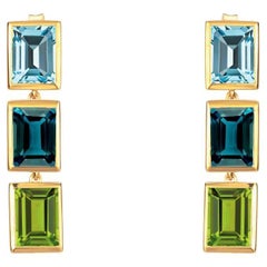Boucles d'oreilles 3 gouttes en topaze bleue, topaze bleue de Londres et péridot