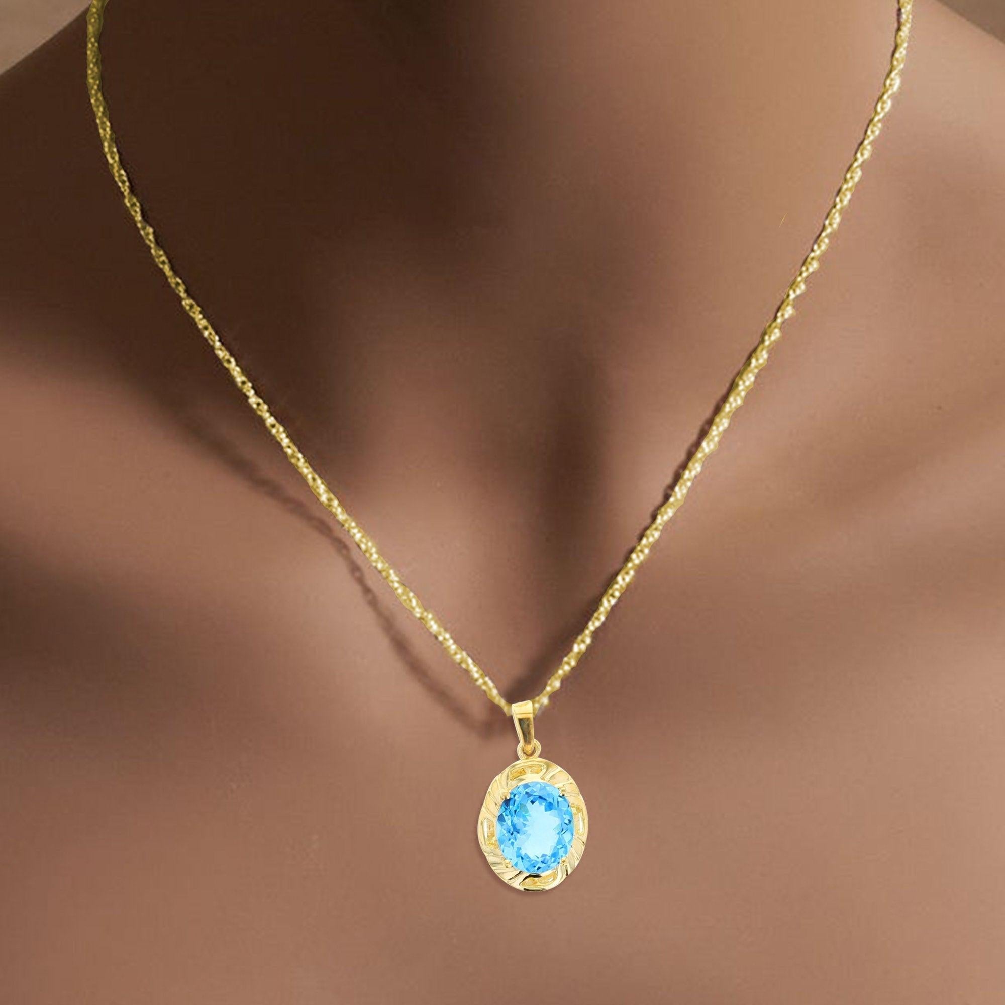 ♥ Riepilogo del prodotto ♥

Pietra principale: Topazio blu
Circa. Peso totale dei carati: 8,21cttw
Metallo scelto: Oro giallo 14K
Taglio della pietra: Ovale 
Dimensioni: 20 mm x 17 mm
Catena: 18