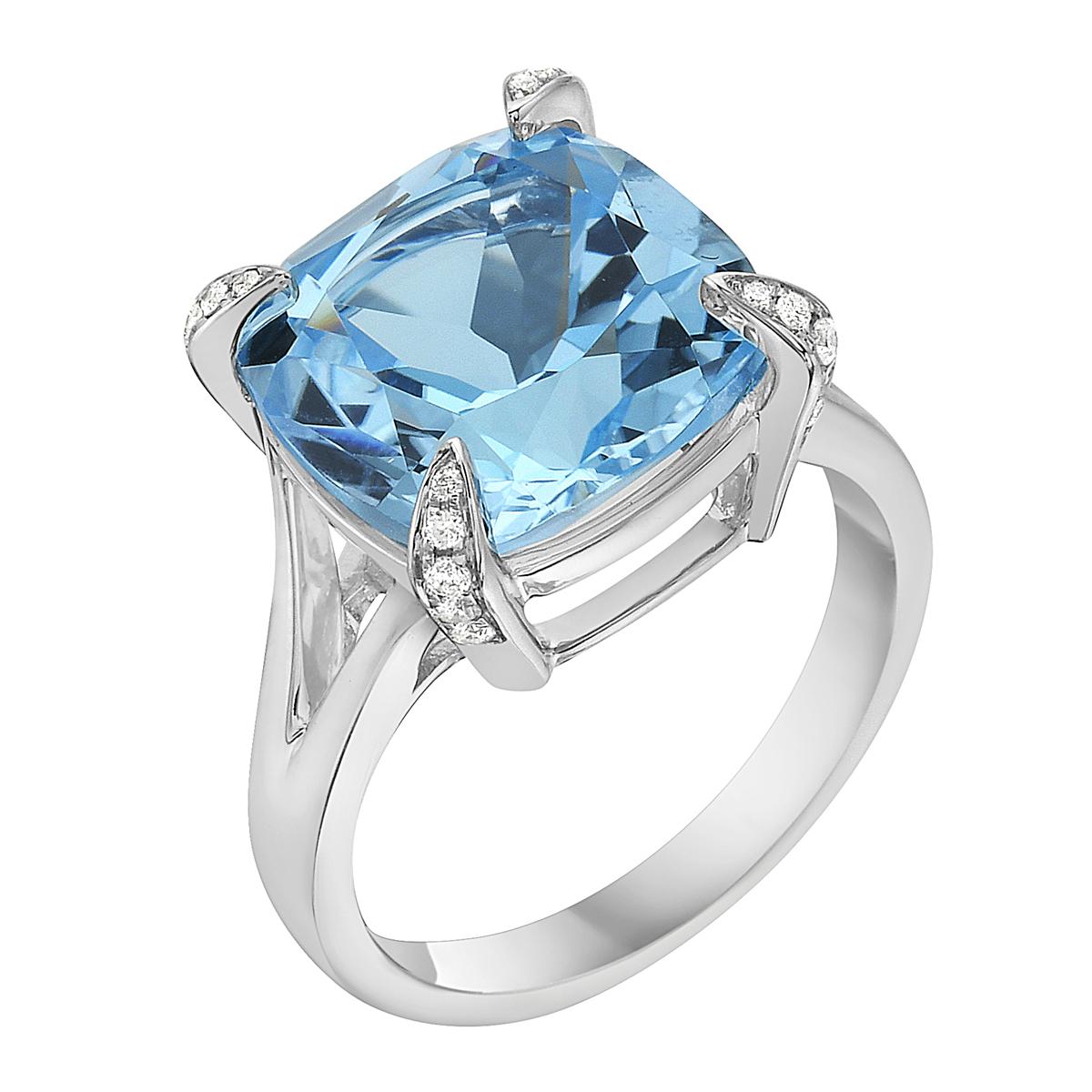 With this exquisite semi-precious sky blue topaz ring, style and glamour are in the spotlight. This 14-karat cushion cut ring is made from 4.7 grams of gold, 1 sky blue topaz totaling 8.69 karats, and is surrounded by 20 round SI1-SI2, GH color