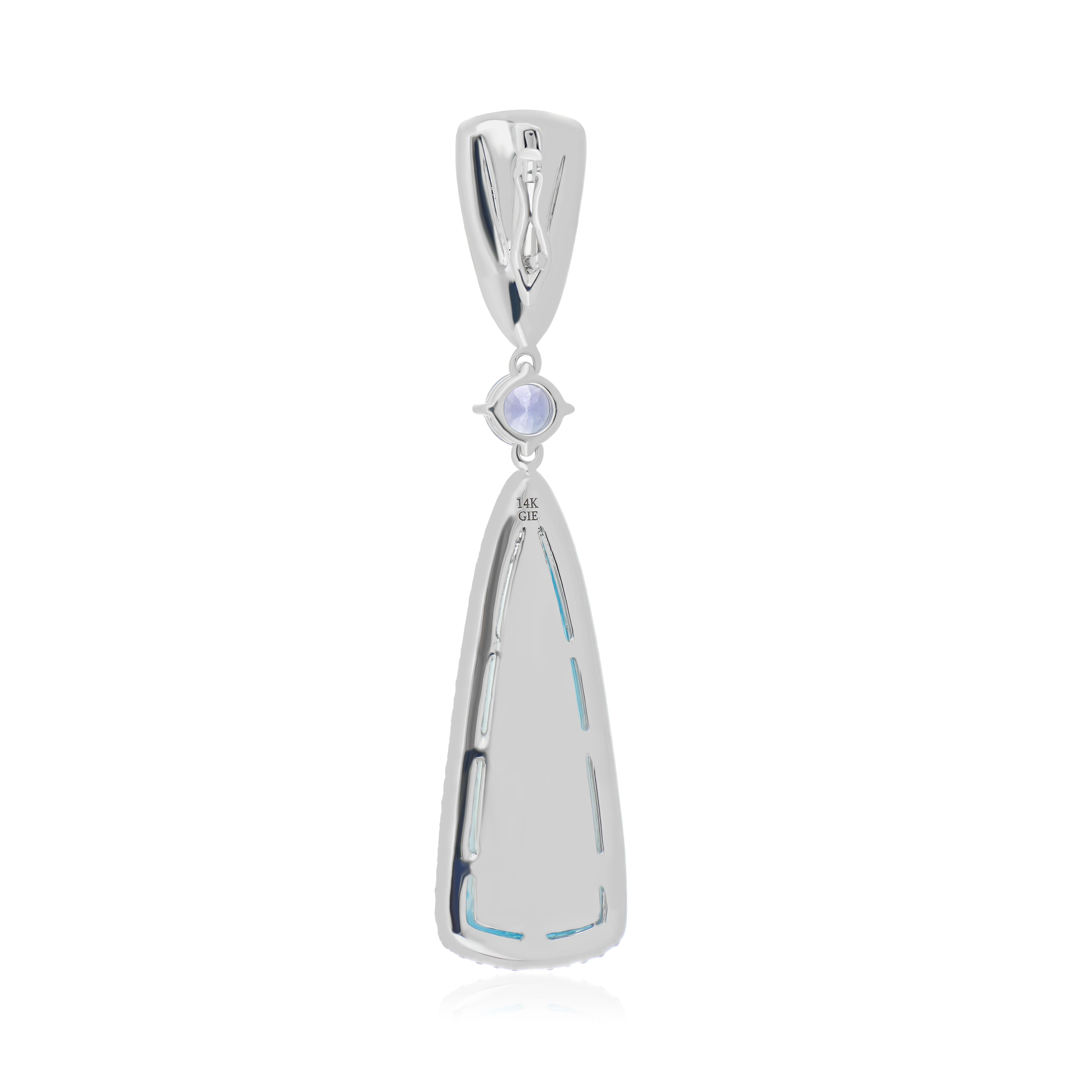 Modern Sky Blue Topaz, Tanzanite & Diamond Ring, Earring & Pendant Set in 14K Gold For Sale