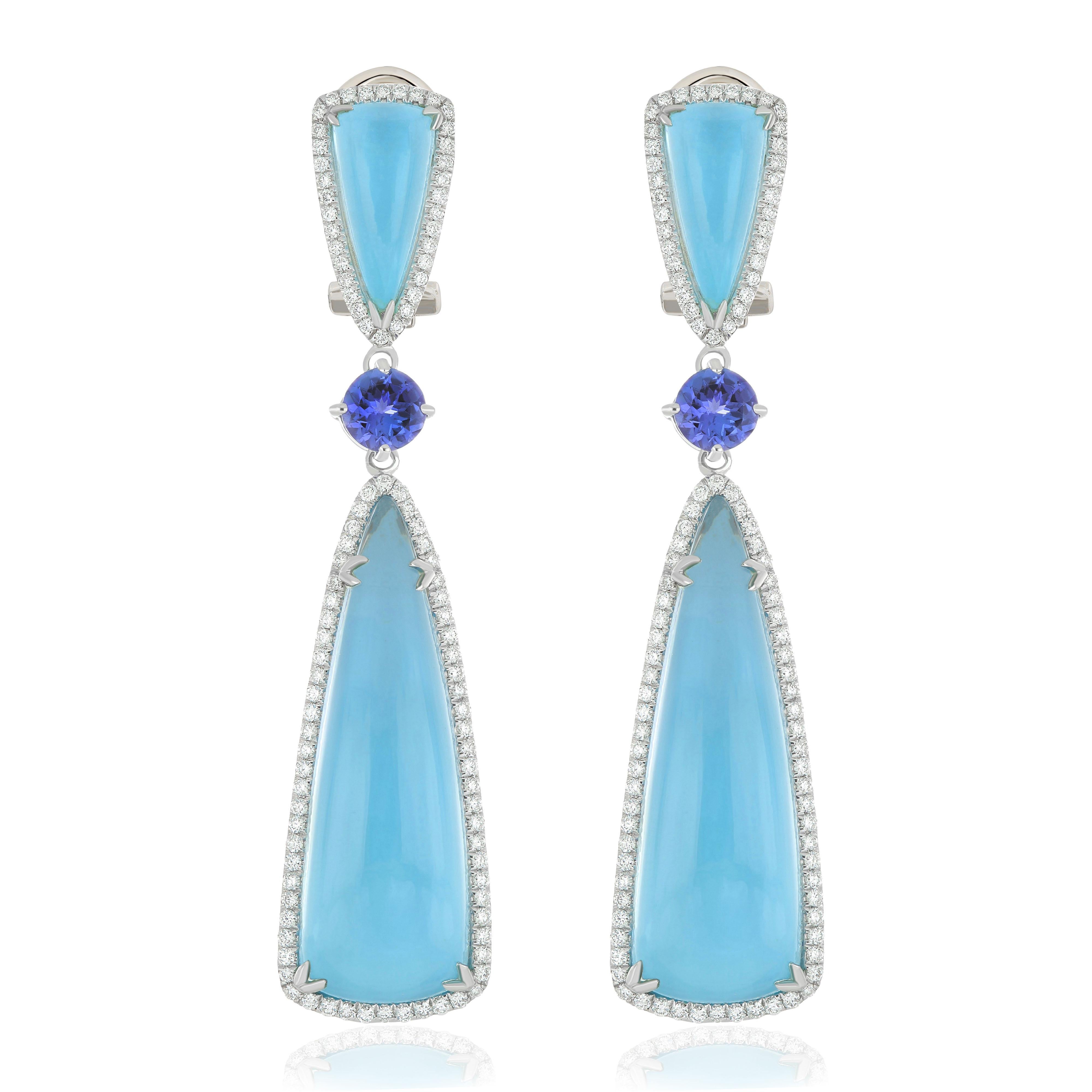 Trillion Cut Sky Blue Topaz, Tanzanite & Diamond Ring, Earring & Pendant Set in 14K Gold For Sale