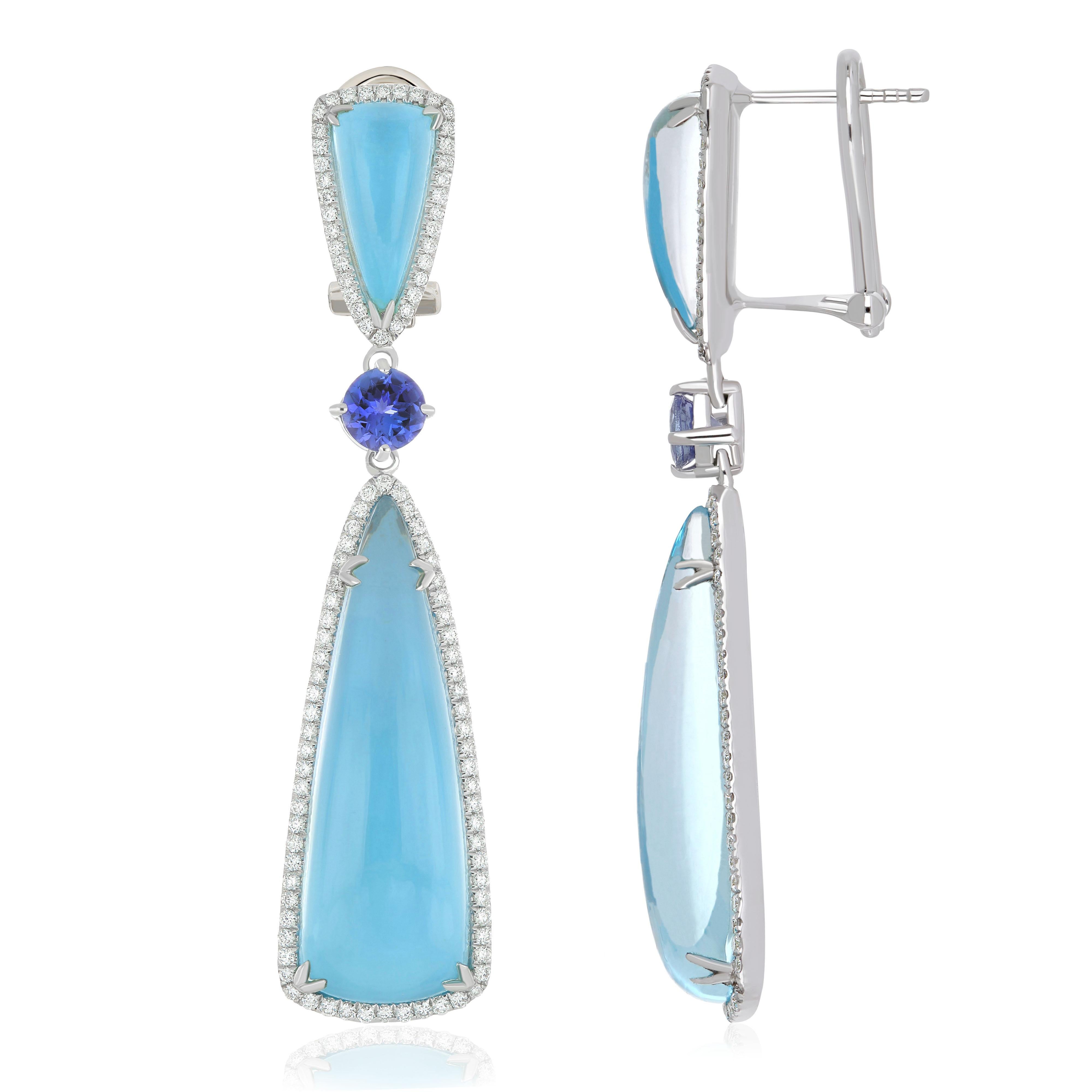 Sky Blue Topaz, Tanzanite & Diamond Ring, Earring & Pendant Set in 14K Gold In New Condition For Sale In JAIPUR, IN