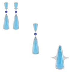 Himmelblauer Topas, Tansanit & Diamant Ring, Ohrring & Anhänger Set in 14K Gold