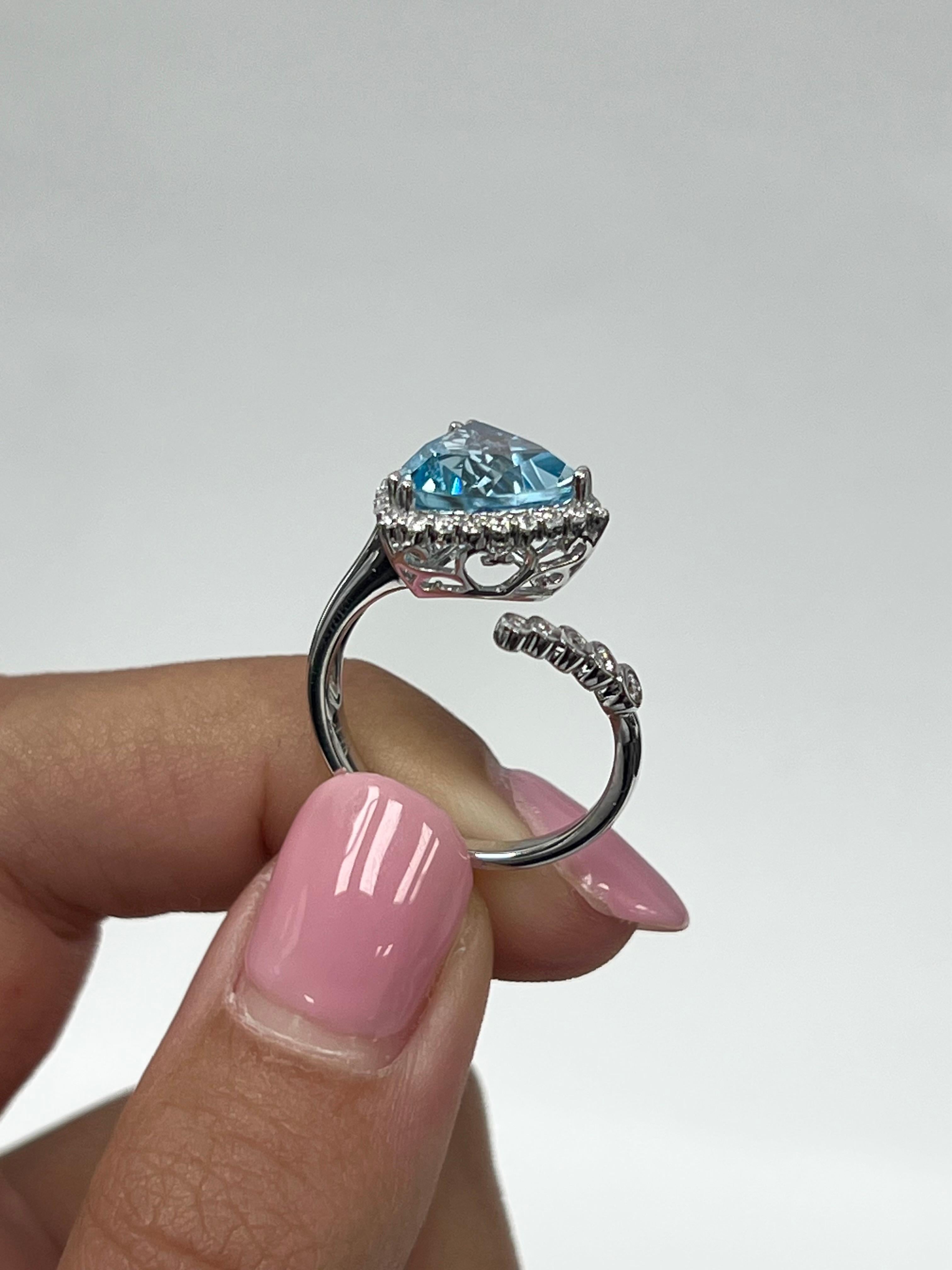 Trillion Cut Sky Blue Topaz White Gold Bypass Diamond Ring For Sale
