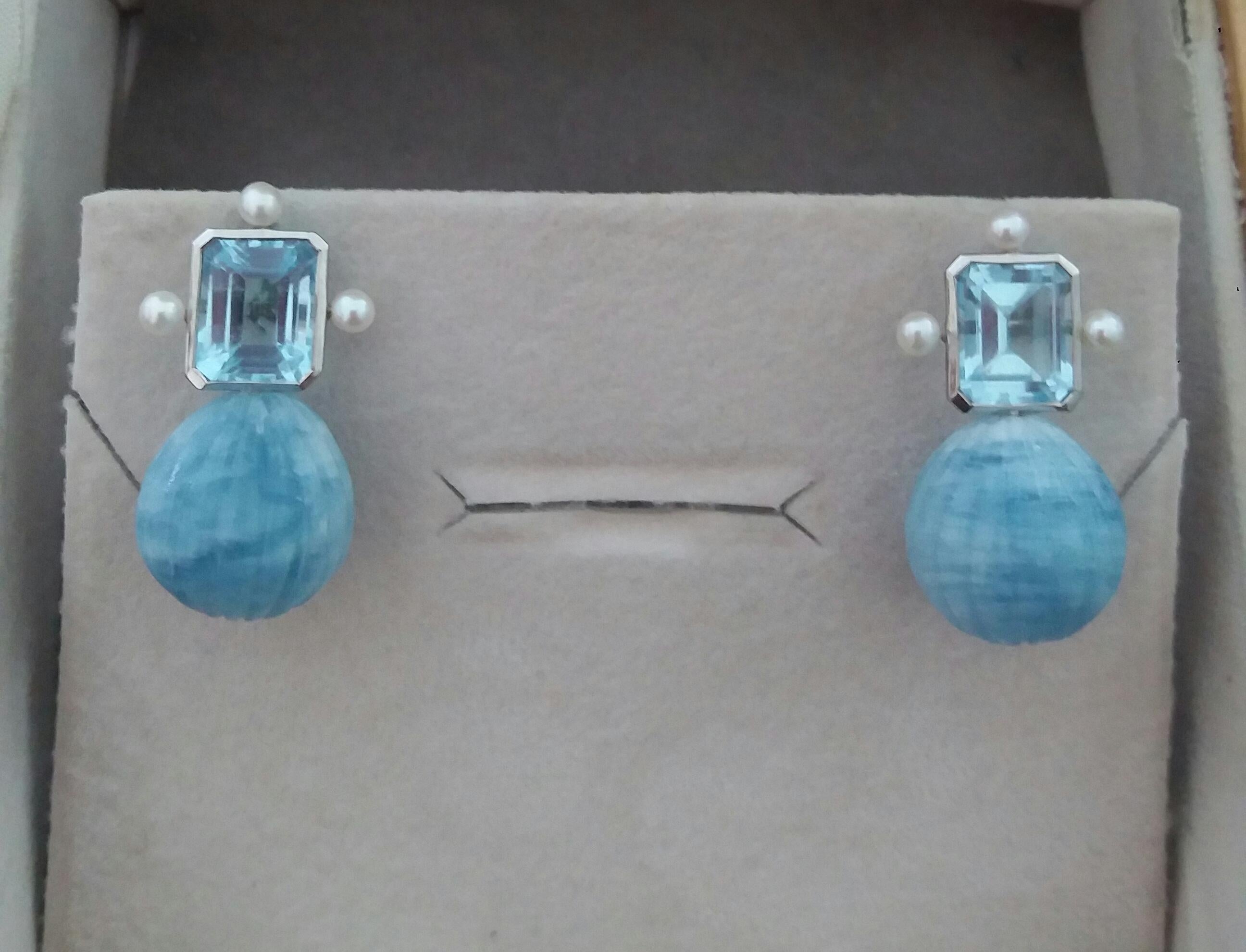 Sky Blue Topaz White Gold Pearls Engraved Round Drop Aquamarine Stud Earrings For Sale 3