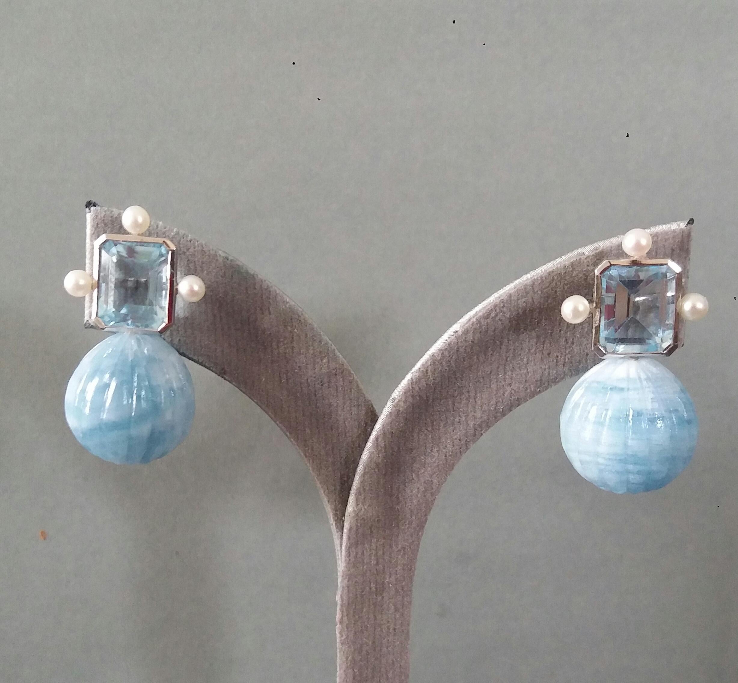 Sky Blue Topaz White Gold Pearls Engraved Round Drop Aquamarine Stud Earrings For Sale 5