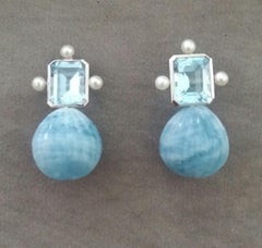 Sky Blue Topaz White Gold Pearls Engraved Round Drop Aquamarine Stud Earrings
