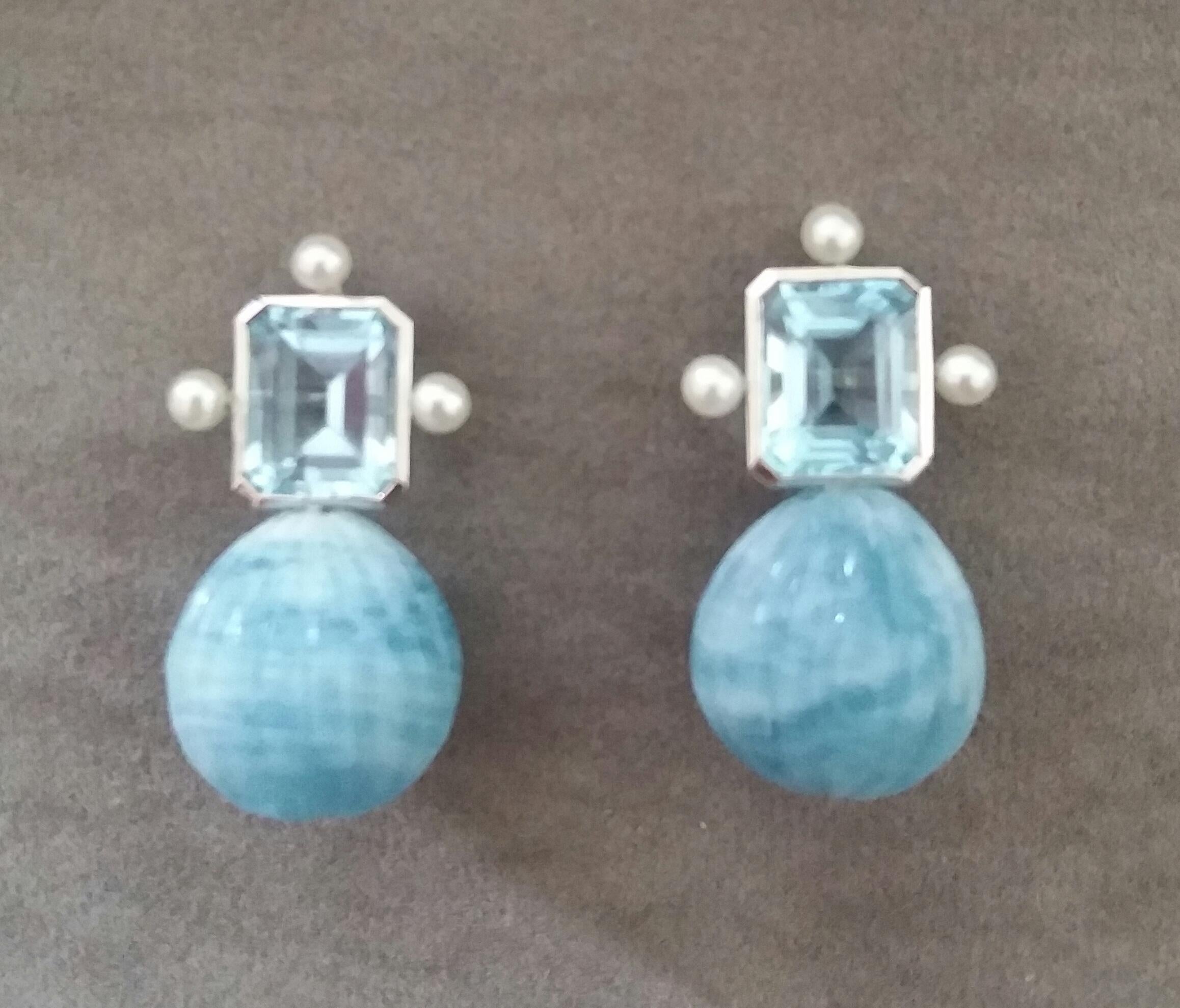 Art Deco Sky Blue Topaz White Gold Pearls Engraved Round Drop Aquamarine Stud Earrings For Sale