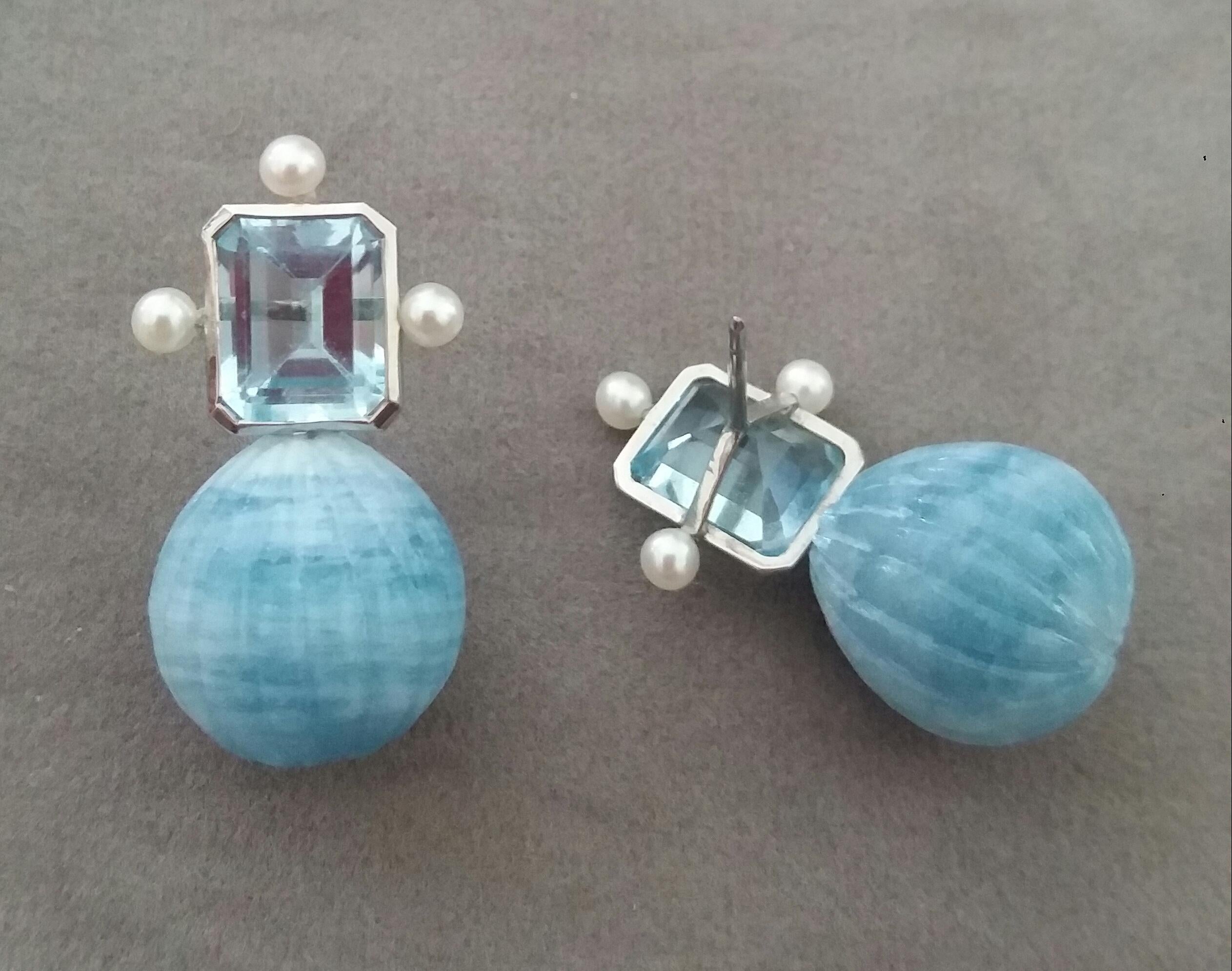 Sky Blue Topaz White Gold Pearls Engraved Round Drop Aquamarine Stud Earrings In Good Condition For Sale In Bangkok, TH