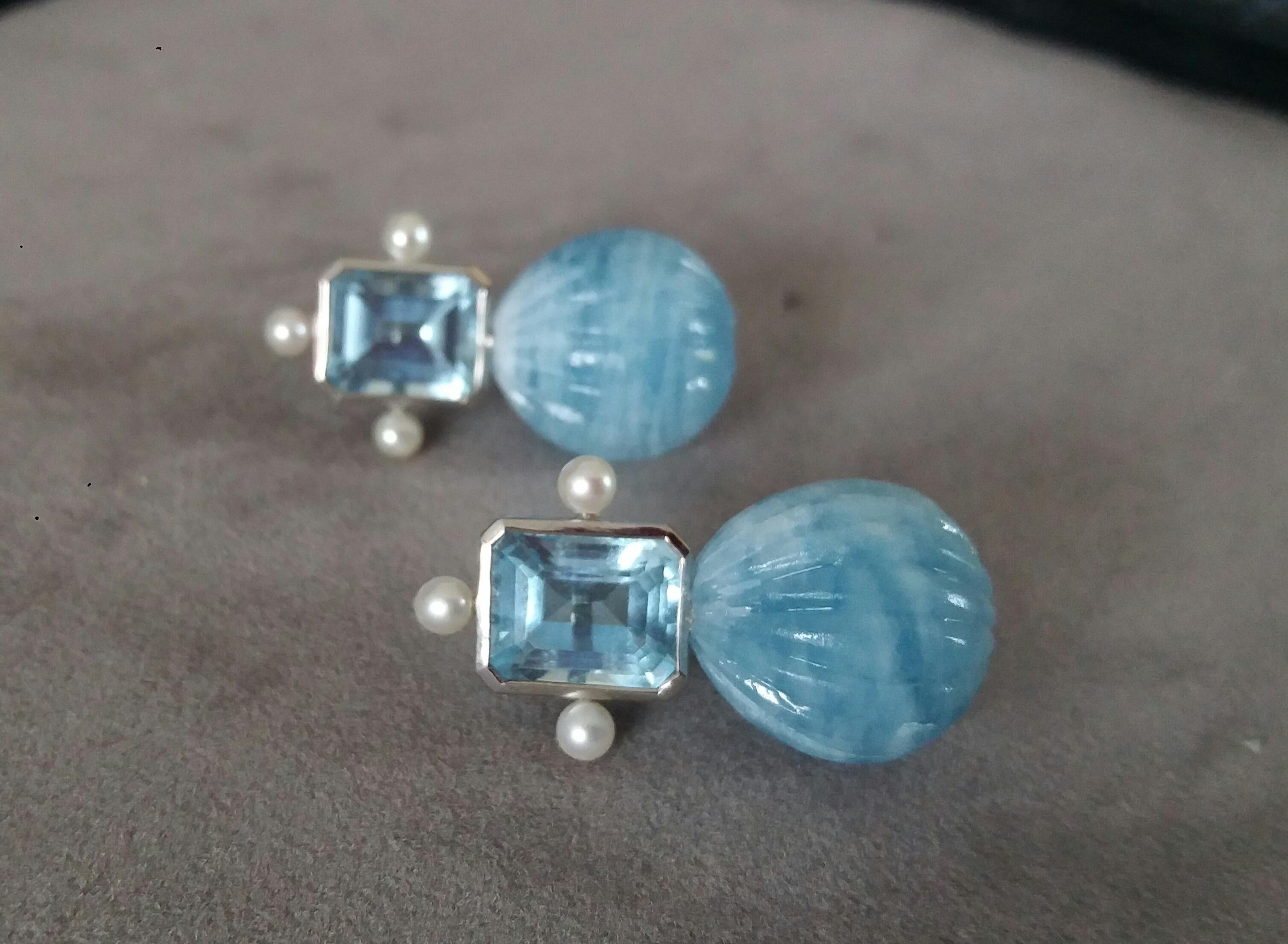 Women's Sky Blue Topaz White Gold Pearls Engraved Round Drop Aquamarine Stud Earrings For Sale