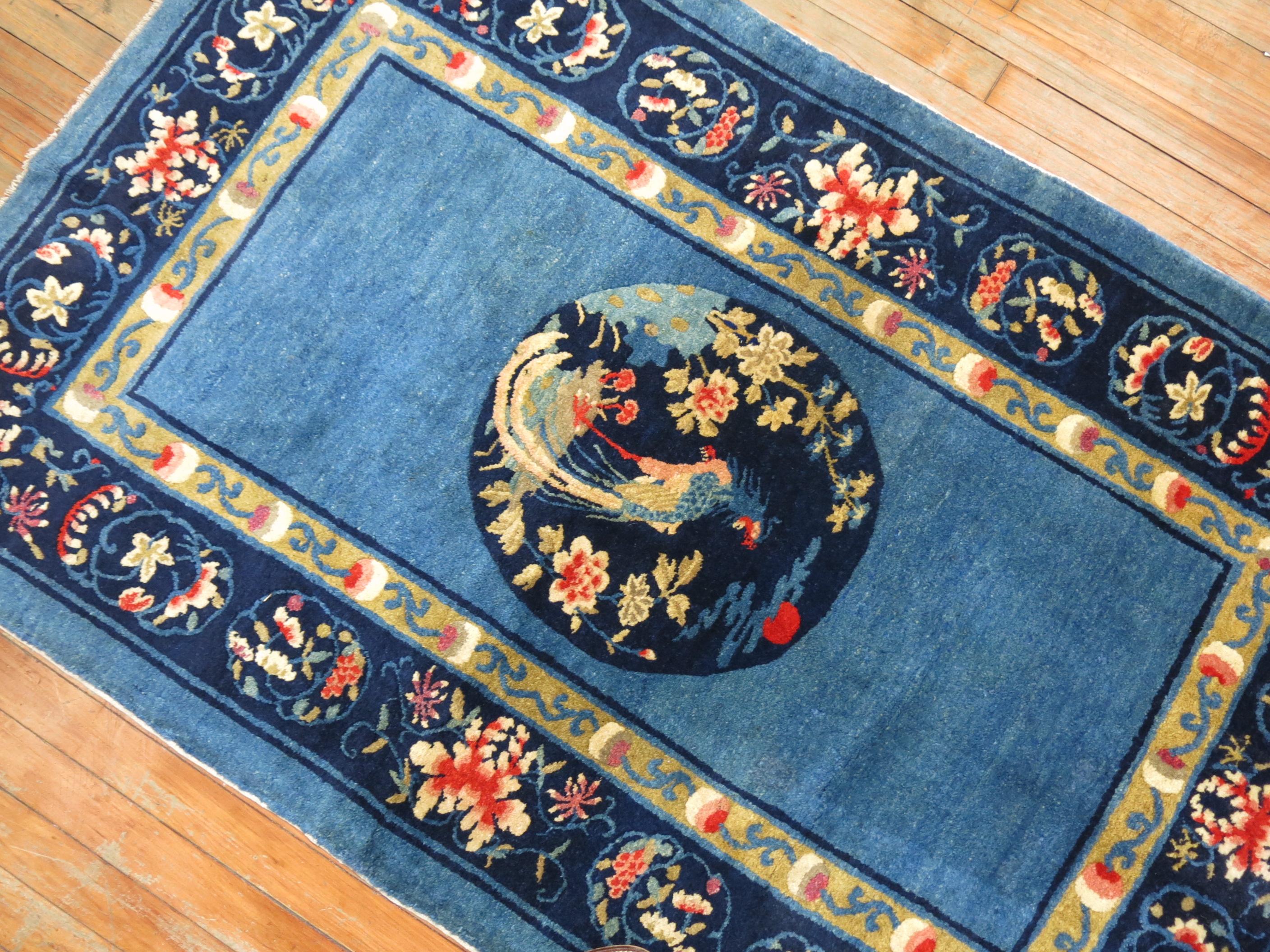 Chinoiserie Sky Blue Traditional Chinese Peking Scatter Rug For Sale