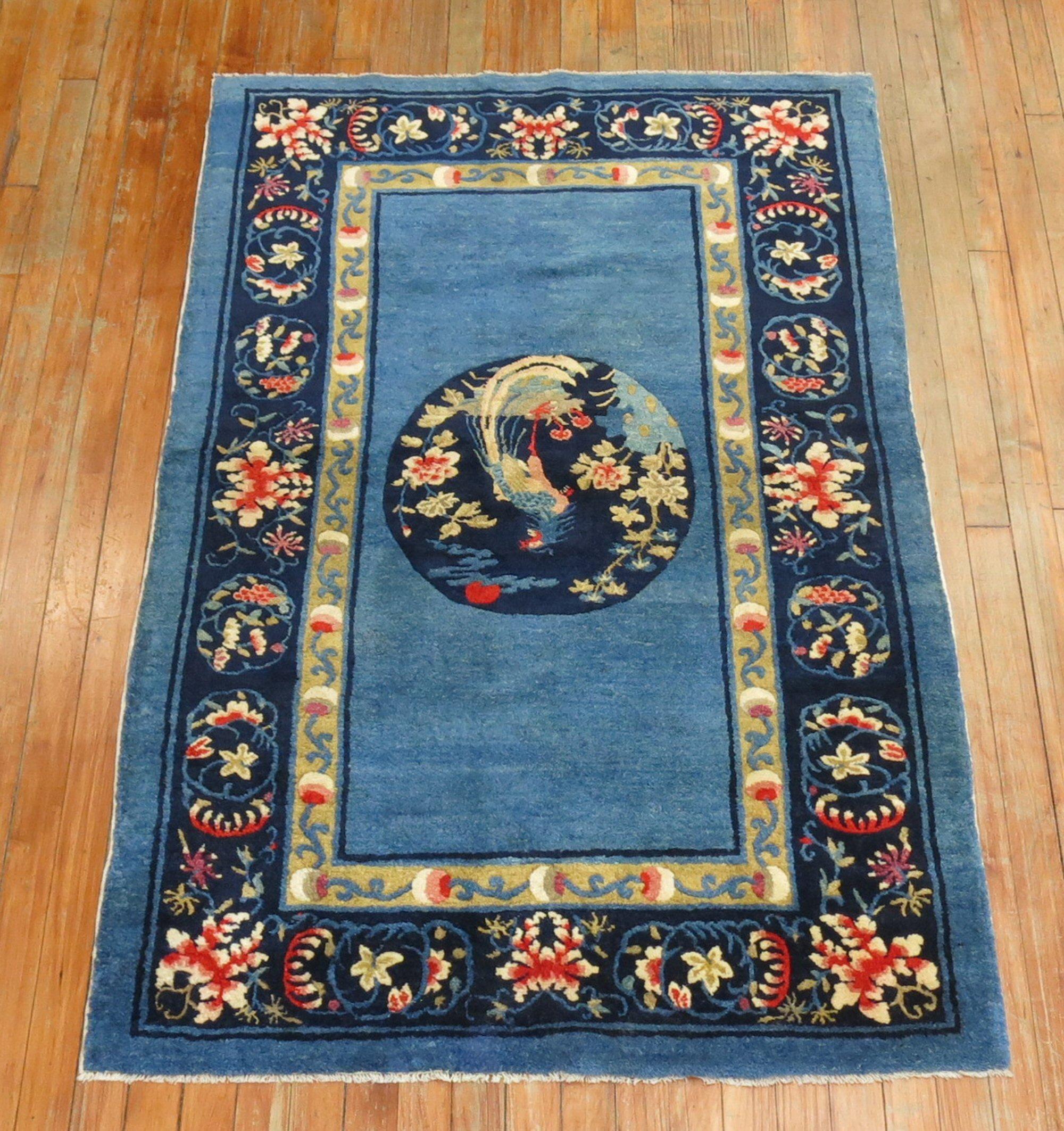 Wool Sky Blue Traditional Chinese Peking Scatter Rug For Sale