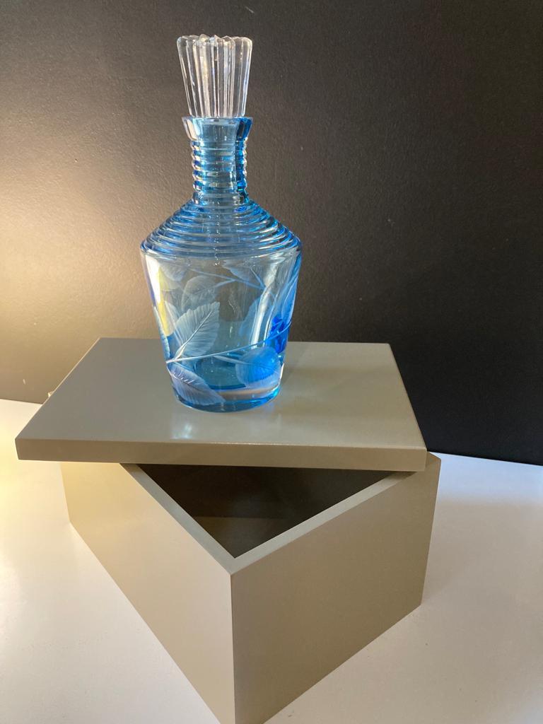 European Sky Blue Whiskey Carafe with Hand Carved Spring Leaves Details For Sale