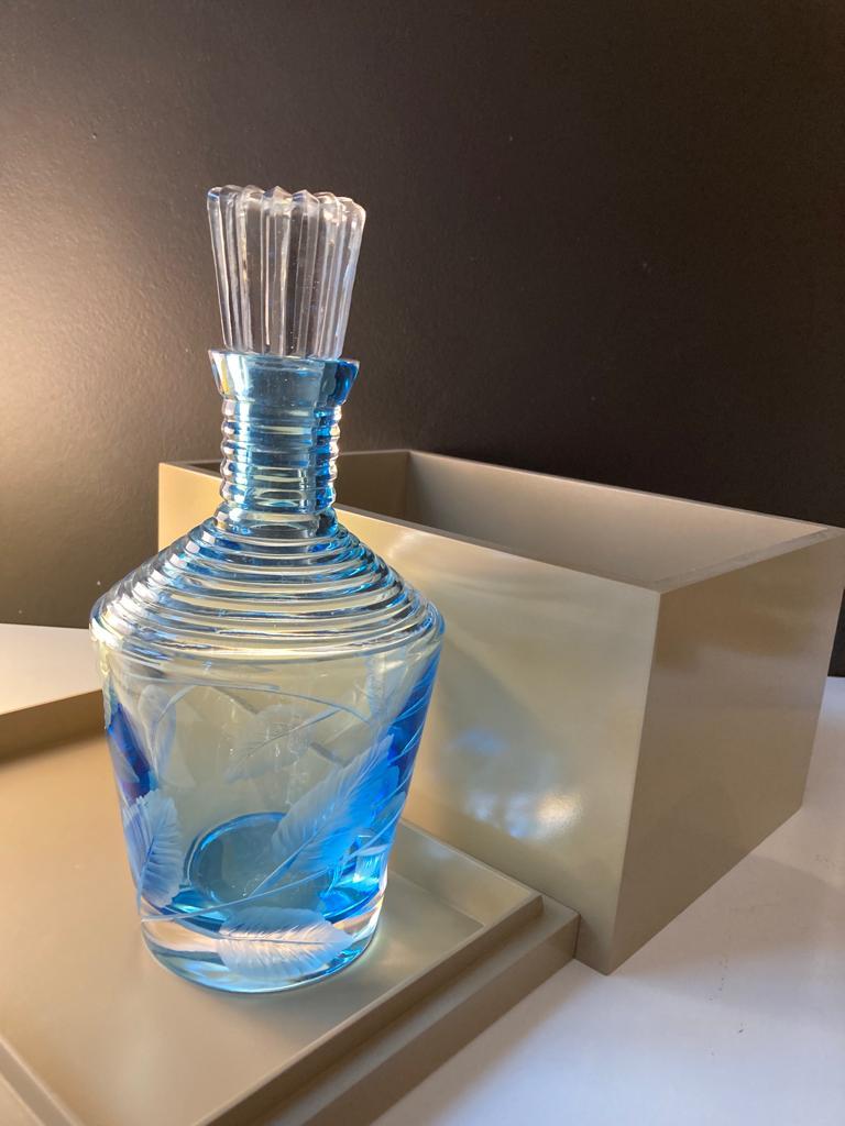 Contemporary Sky Blue Whiskey Carafe with Hand Carved Spring Leaves Details For Sale