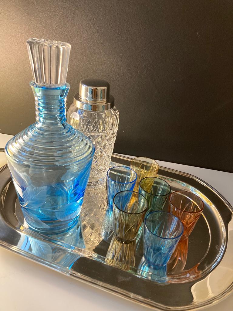Blown Glass Sky Blue Whiskey Carafe with Hand Carved Spring Leaves Details For Sale