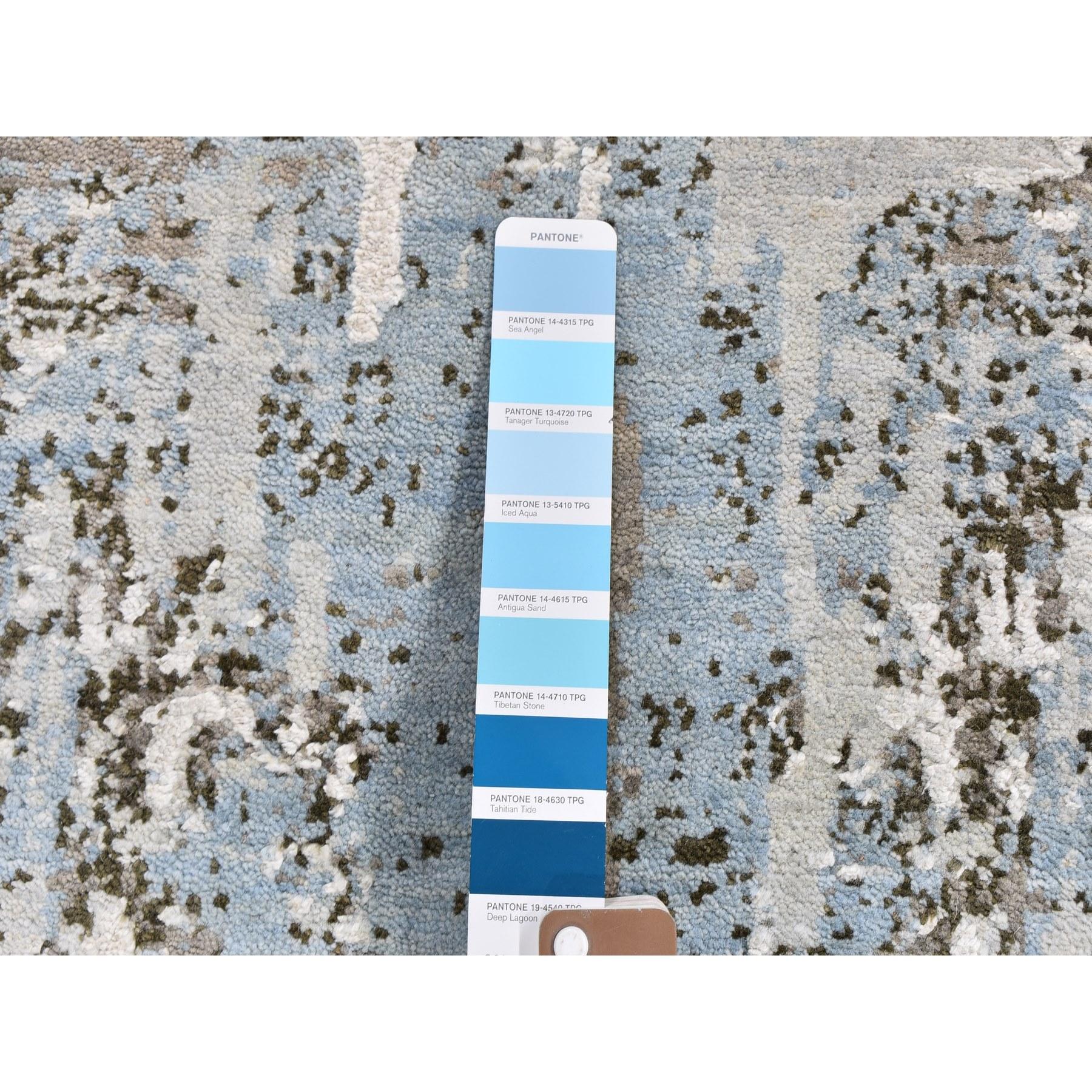 Laine Tapis rond noué à la main en laine bleu ciel avec motif abstrait de soie - 8'1