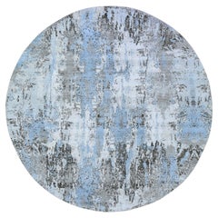Sky Blue Wool with Real Silk Abstract Design Hand Knotted Round Rug 8'1" x 8'1"