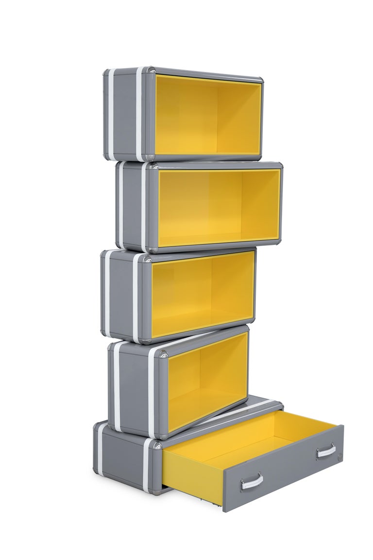 Sky Bookcase in Wood, Metal and Glossy Grey Lacquer Finish For Sale at