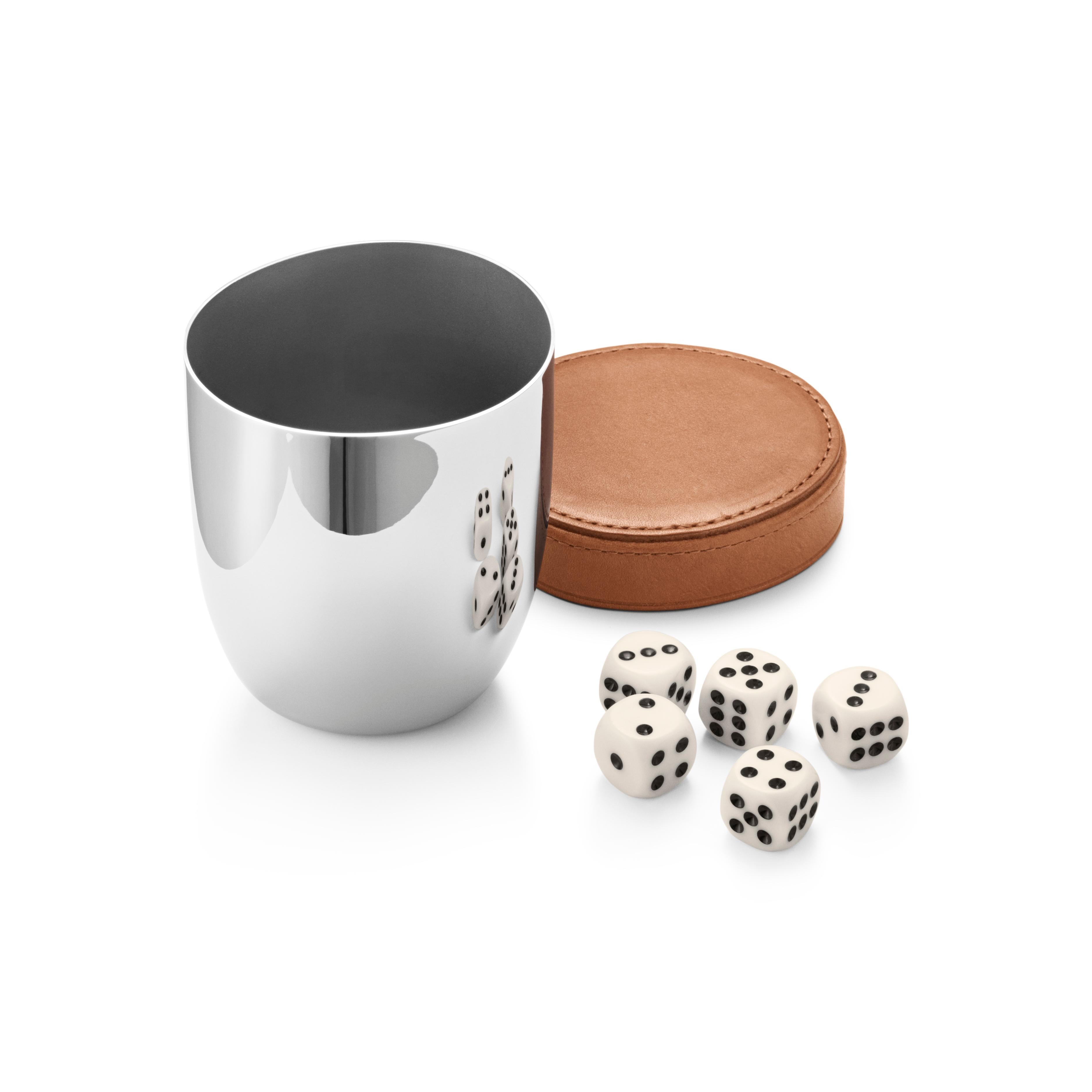 Solve the eternal problem of what to buy for someone who has everything! This stylish dice set with stainless steel cup is perfect for someone who likes to play games at home or when travelling. The curved cup is a pleasure to hold and the leather