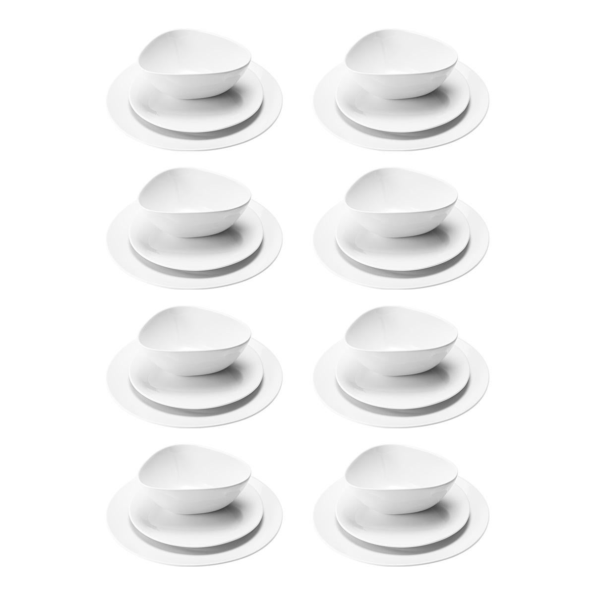 Minimalist, stylish and very Scandinavian, this white porcelain dinnerware set, comprising of a dinner and lunch plate and a bowl, is the perfect contemporary way of serving food. Echoing the distinctive asymmetric form that runs through the Sky