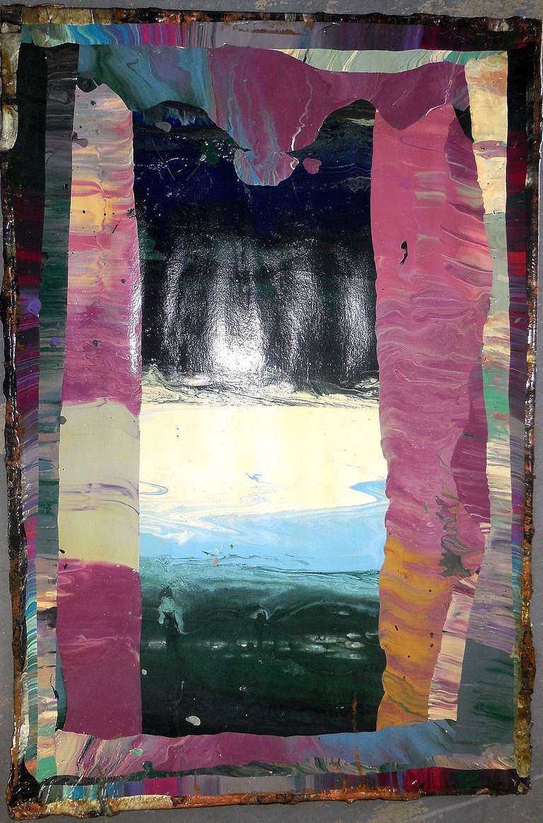 Abstract conceptual painting. it has a lacquer resin like finish to it. it is not framed.
Siren Bliss was born Michael Whipple in Salt Lake City in 1947. He attended the University of Utah, where he was a key participant in Paul McCarthy’s Upriver