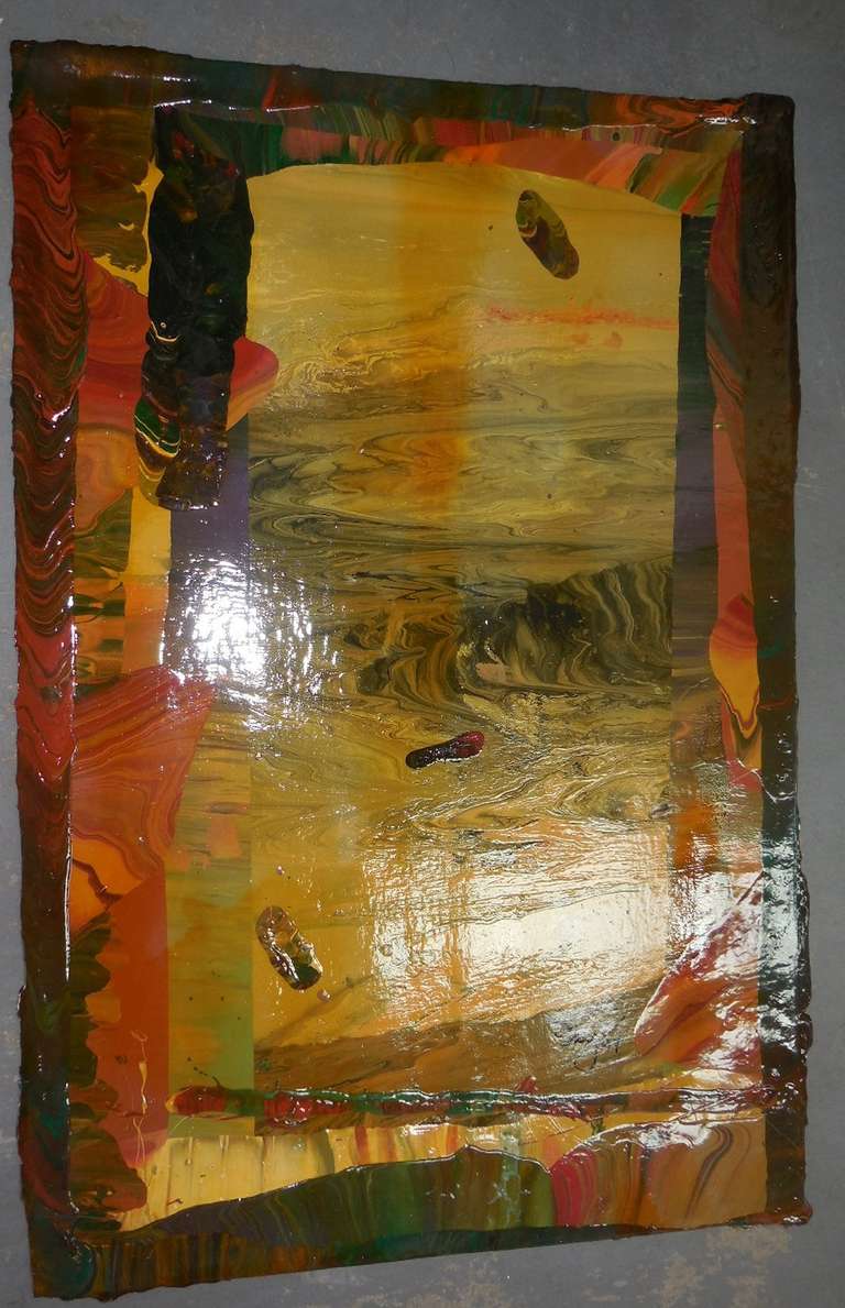 Quadro concettuale astratto. ha una finitura laccata simile alla resina. non è incorniciato.
Siren Bliss è nata a Salt Lake City nel 1947 da Michael Whipple. Frequentò l'Università dello Utah, dove fu uno dei principali partecipanti all'Upriver