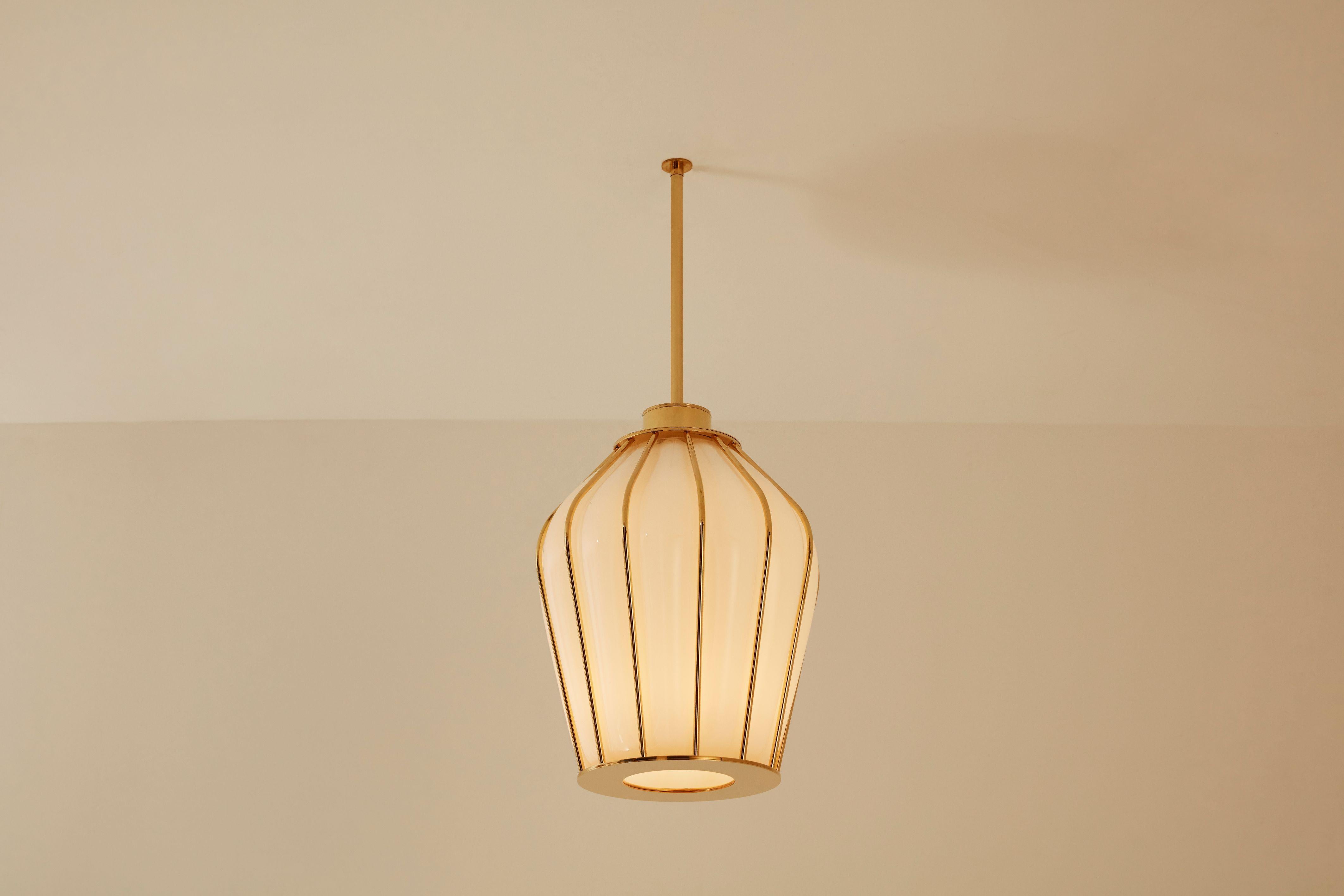Sky lantern pendant Light by Mydriaz
Dimensions: Diameter 28 x height 38 cm
Materials: Brass, glass
Finishes: Golden-plated, polished brass, white nickel finish on polished brass, black nickel finish on polished brass.

All our lamps can be wired