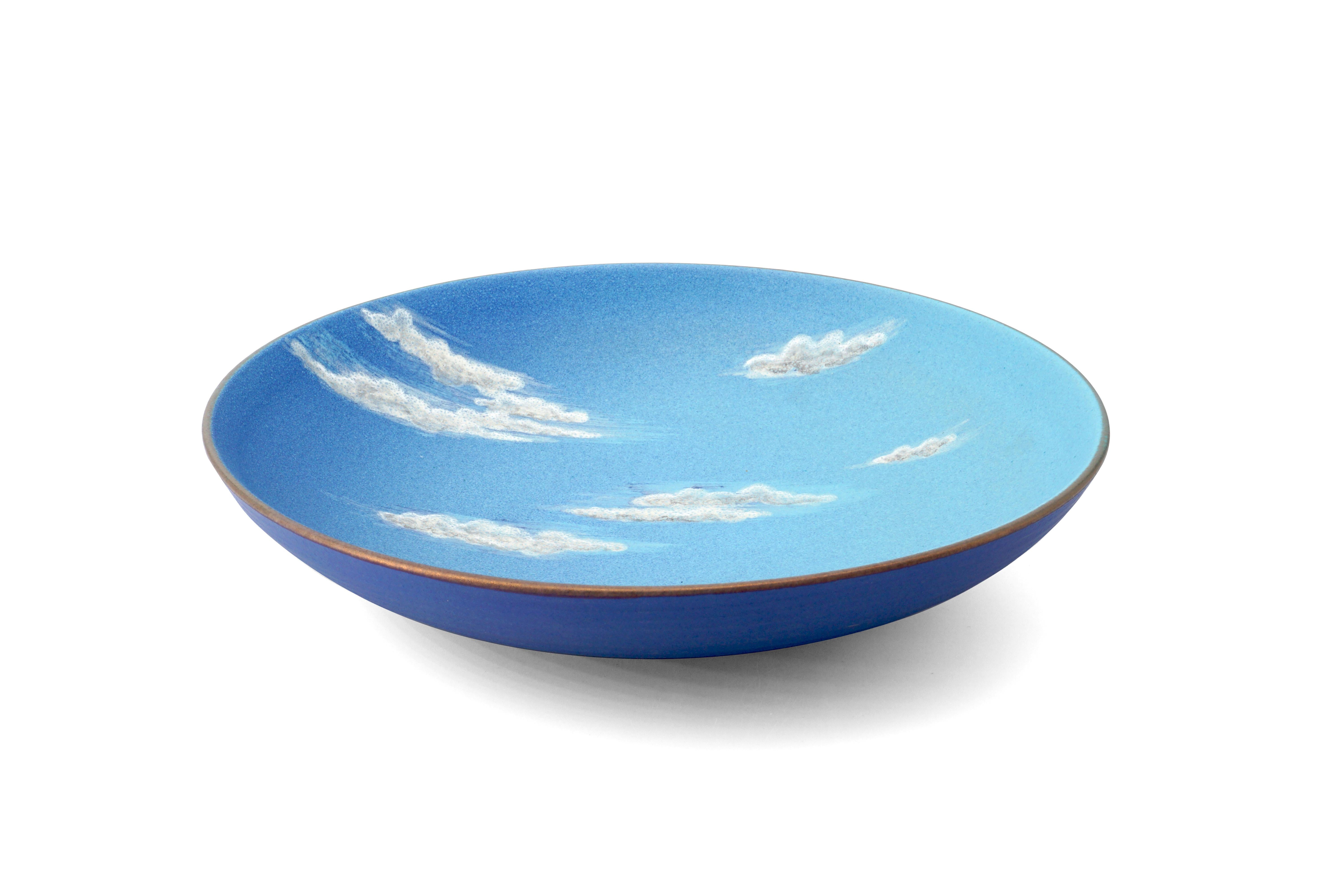 SKY - Large ceramic bowl by Pantoù Ceramics, hand thrown and hand painted glazed earthenware. 
All unique pieces, Italy, 2021. Measure: 30cm diameter. 

Different finishes available for the bowl exterior: purple, grey, light green or shiny copper