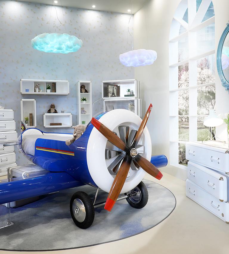 Sky One Plane Bed in Blue and White with Gray Luggage Steps For Sale at 1stdibs