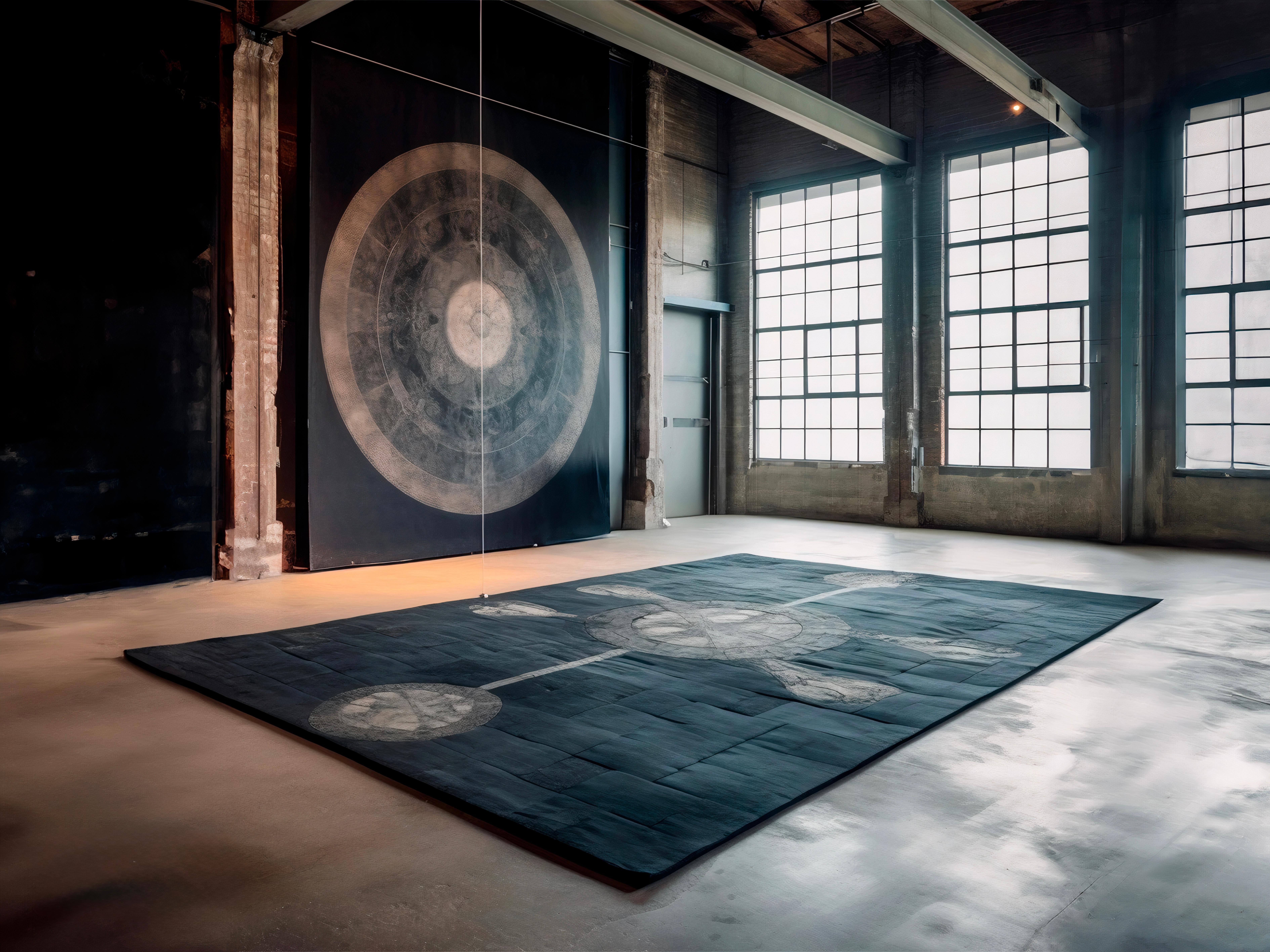 The Sky Rug captures the vastness and wonder of the heavens, blending cosmic inspiration with artistic refinement. Its central celestial motif radiates outward, evoking the beauty of constellations, star maps, and atmospheric rhythms. The dynamic