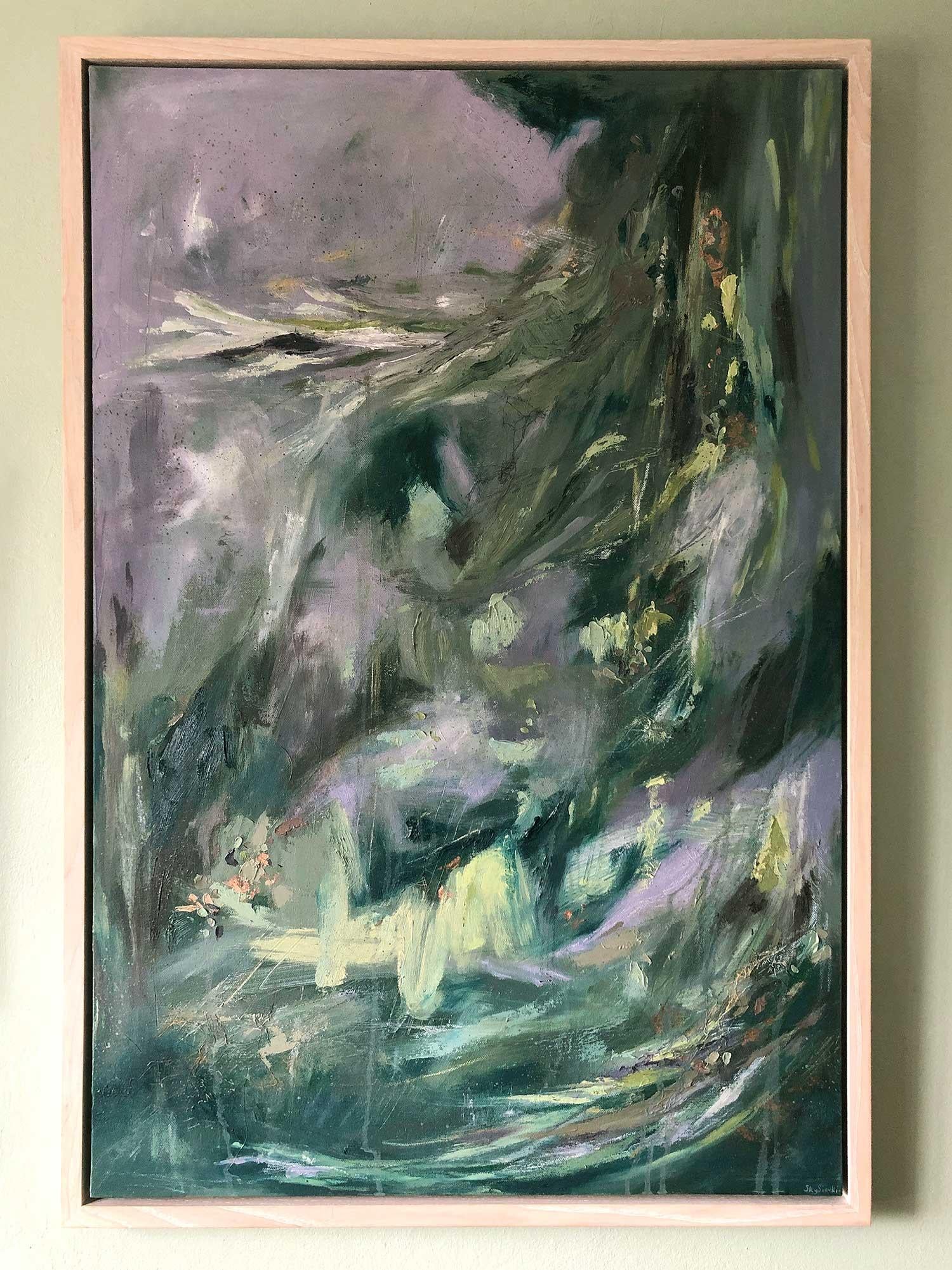 Sky Siouki 'Flurry' Original-Porträtgemälde. Öl und Mischtechnik auf Leinwand. 91cm x 61cm x 2cm Leinwandgröße. 96 cm x 66 cm x 3,5 cm einschließlich Rahmen. Verkauft in einem schönen Rahmen aus gekalktem Eschenmassivholz. Flurry ist ein abstraktes