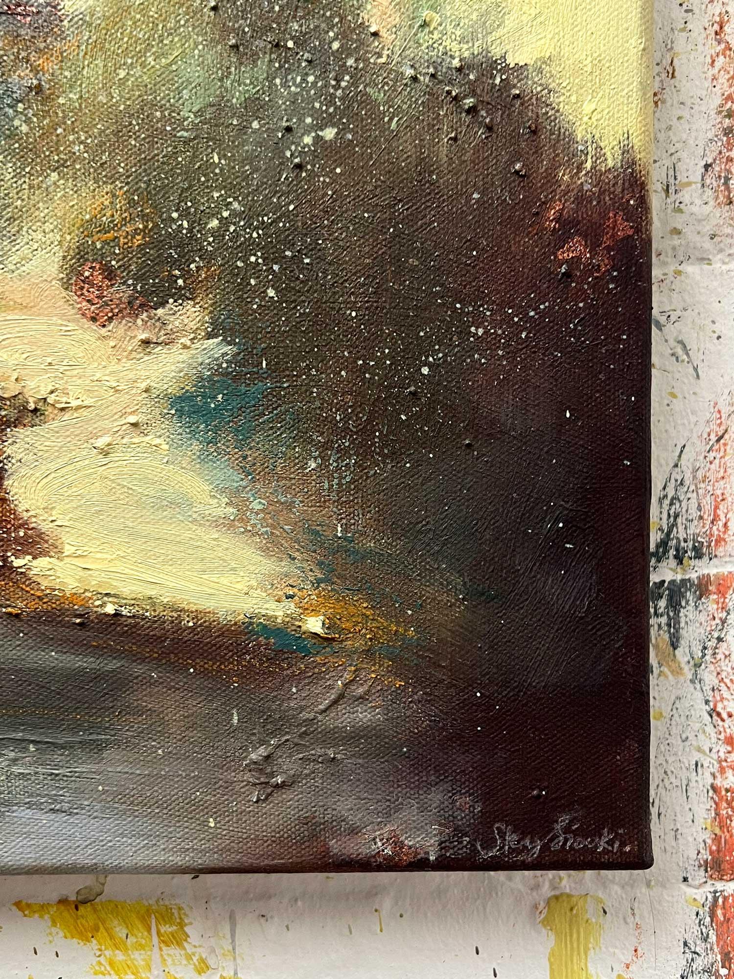 Sky Siouki 'Blütenstaub' Original-Landschaftsgemälde. Öl und Mischtechnik auf Leinwand. 76cm x 100cm x 2cm Leinwandgröße. Wird ungerahmt verkauft. Pollen ist ein abstraktes Originalgemälde von Sky Siouki. Dieses Bild wurde von gelben Rapsfeldern auf