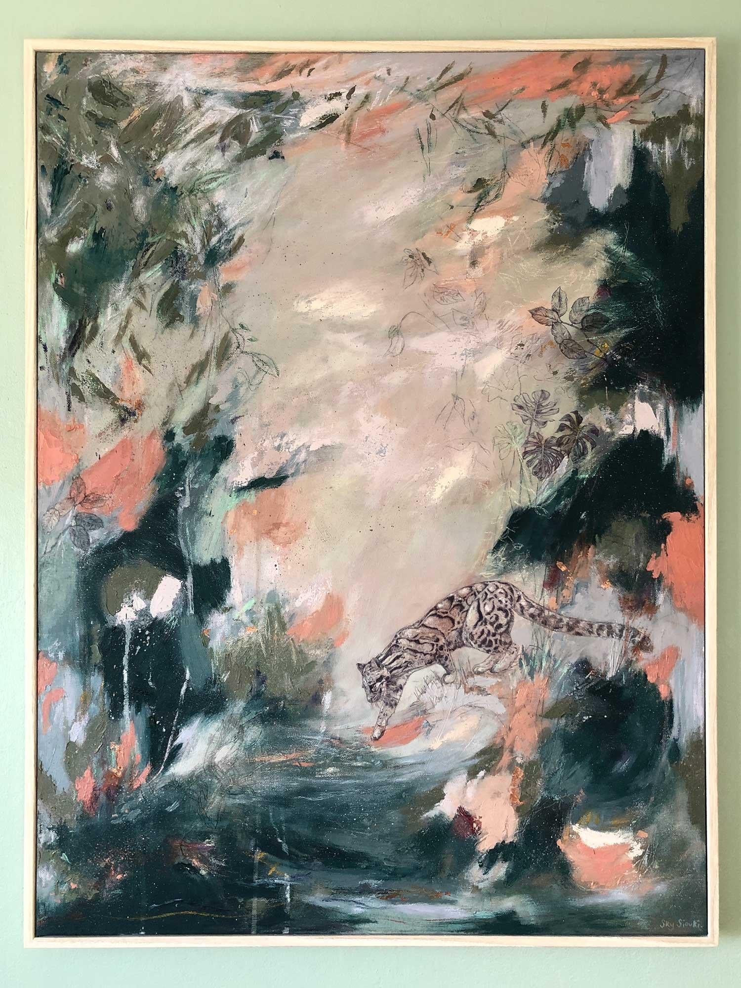 Sky Siouki 'Wild' Original portrait painting. Oil and mixed media on canvas. 80cm x 60cm x 1.5cm canvas size. 82cm x 62cm x 2.5cm including frame. Sold framed in a beautiful limed ash solid wood frame. Wild is an original abstract painting by Sky