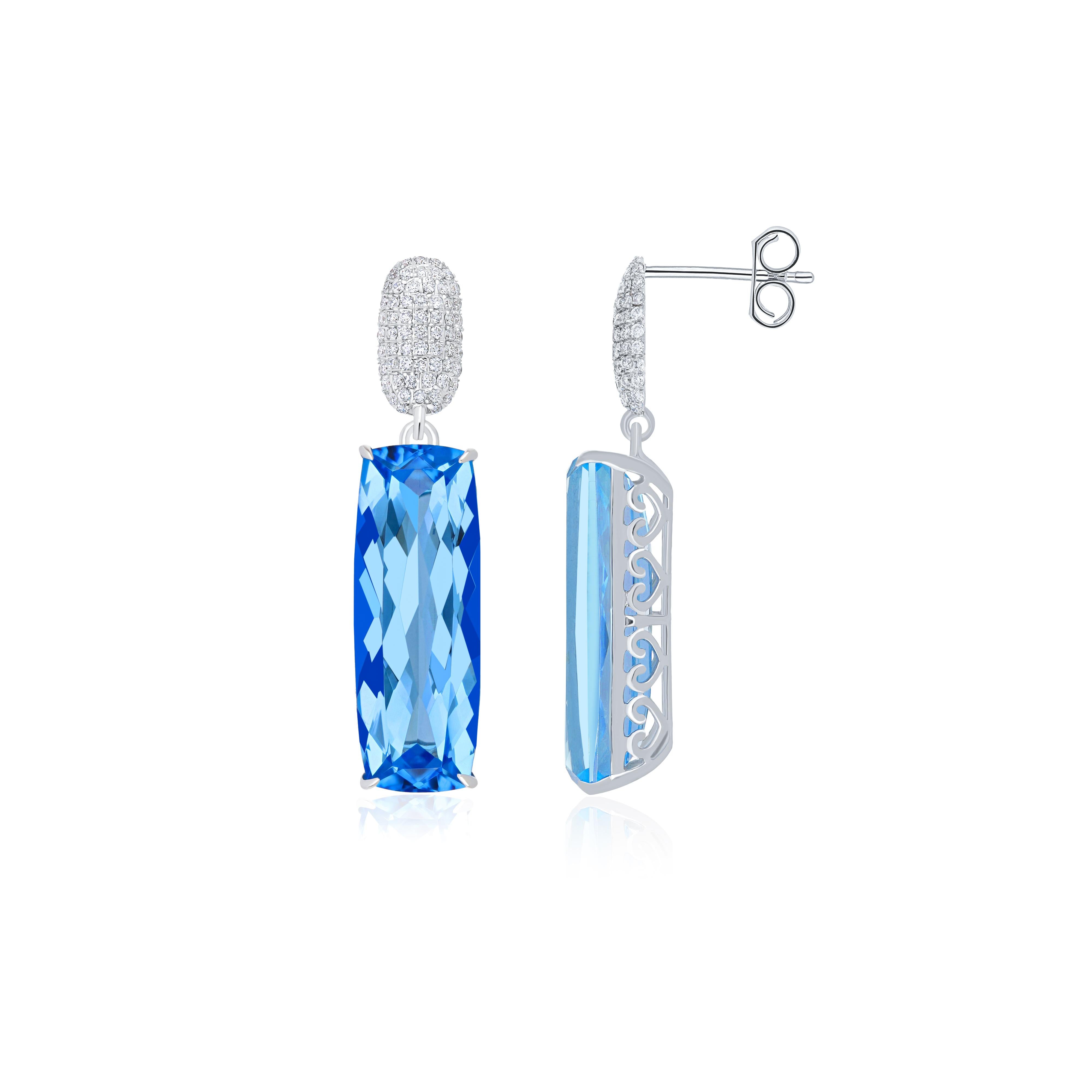 Elegant and Exquisitely Detailed White Gold Earring set with Cushion Round Corner Shape Sky Blue Topaz with Checker Cut in weighing approx. 9.80Cts, and Swiss Blue Topaz in Cushion Round Corner with Checker cut in weighing approx. 9.80Cts, and