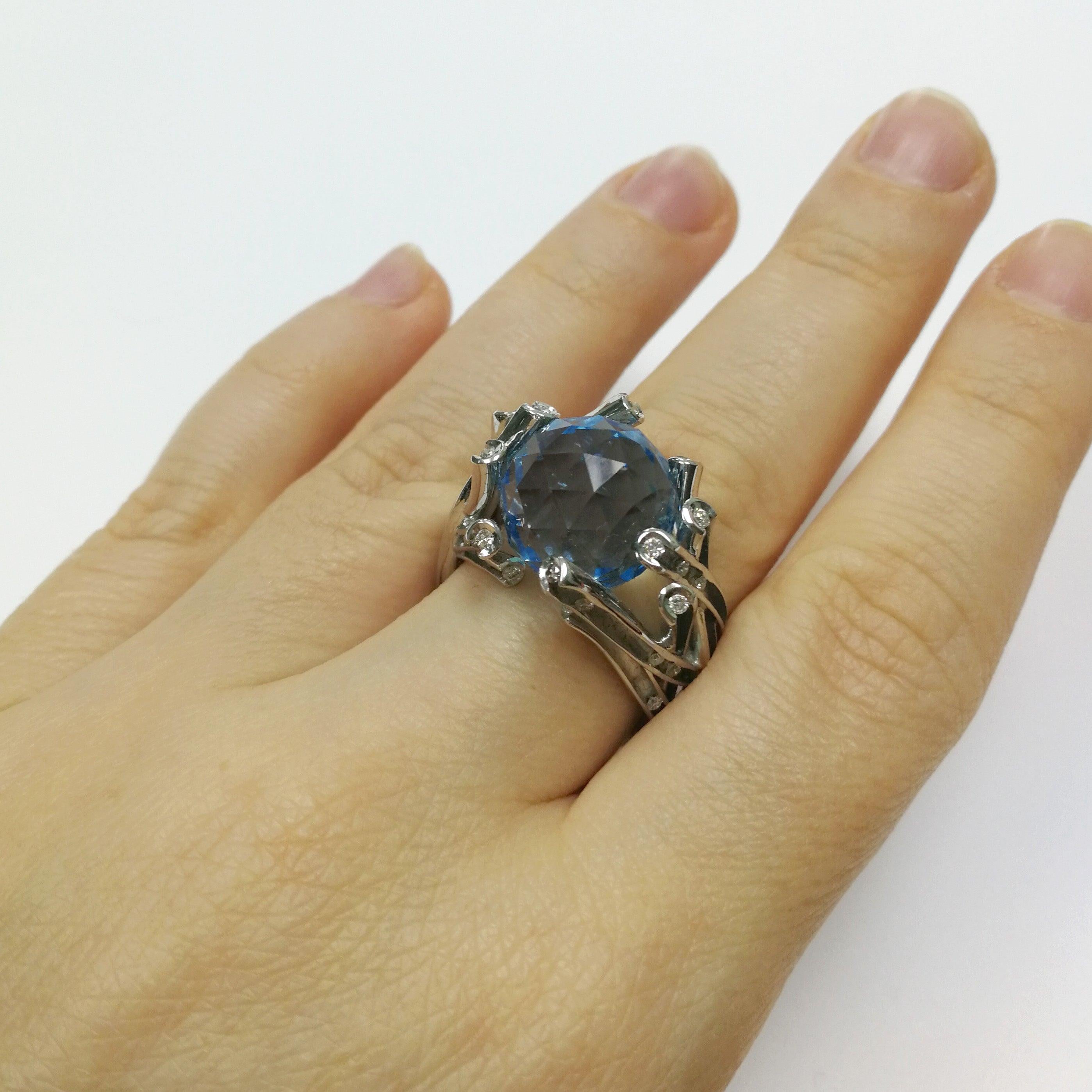 For Sale:  Sky Topaz 19.24 Carat Diamonds 18 Karat White Gold Ring 6