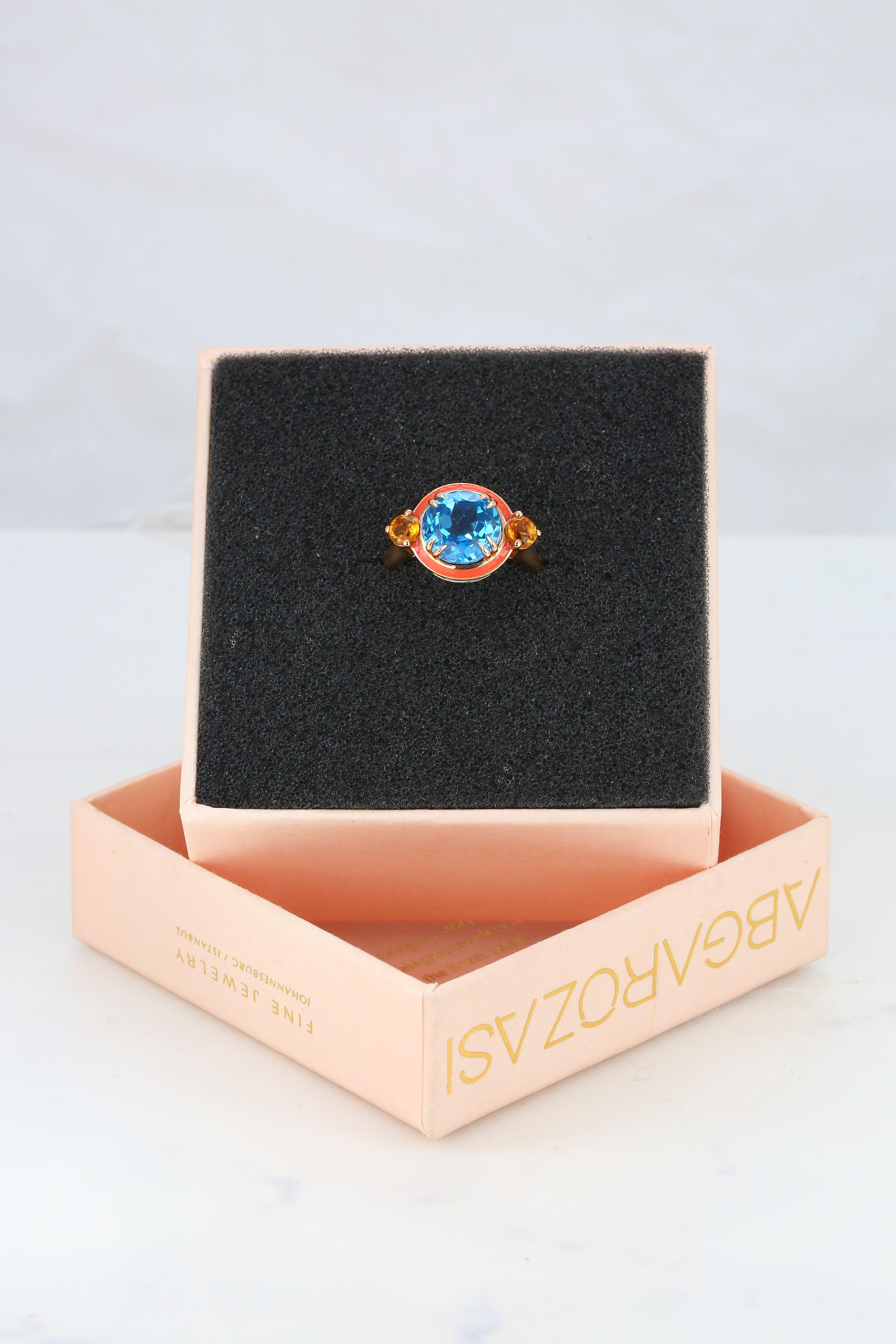 Sky Topaz And Citrine Coral Enameled Art Deco Haute Couture Design Ring
Gold metal: 14k Rose Gold
Gemstone Shape: Round Cut
Main Stone: 3.8 Carats
Side Stones: 0.22 Carats
Total Carat Weight: 4.02 Carats
Color: Brown
Clarity: Clean
Comments: Artdeco