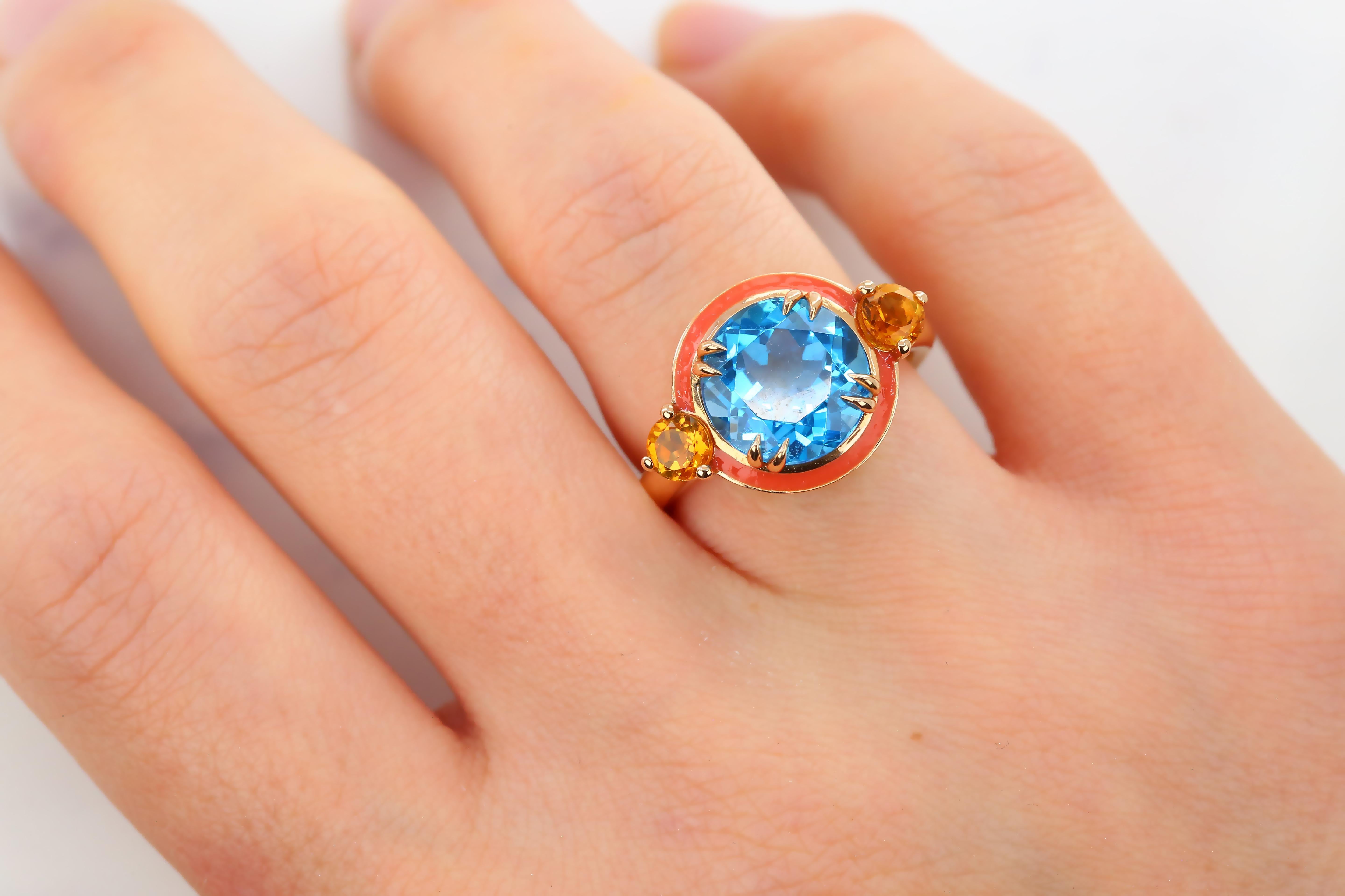Round Cut Sky Topaz and Citrine Coral Enameled Art Deco Haute Couture Design Ring For Sale