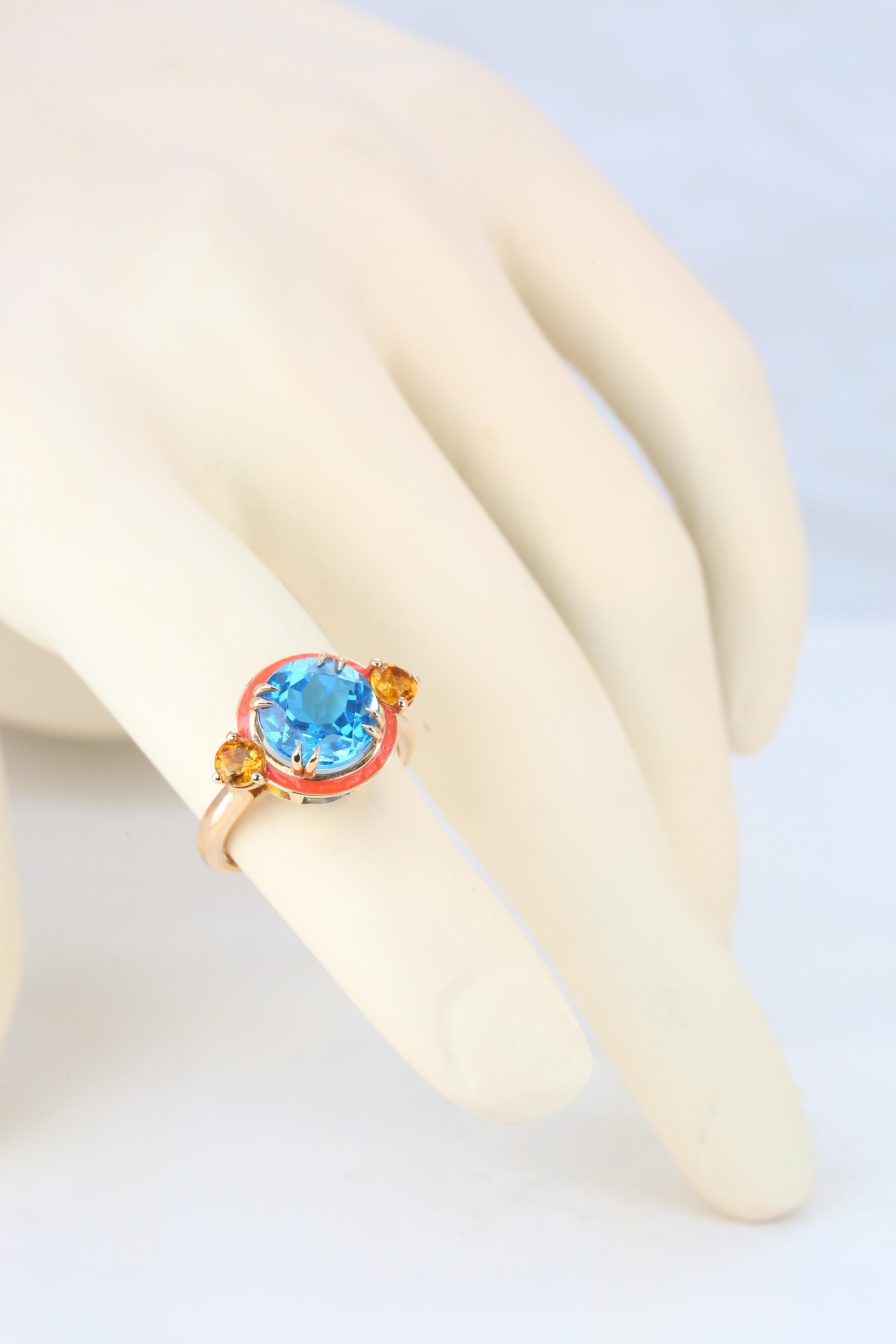 Sky Topaz and Citrine Coral Enameled Art Deco Haute Couture Design Ring In New Condition For Sale In ISTANBUL, TR