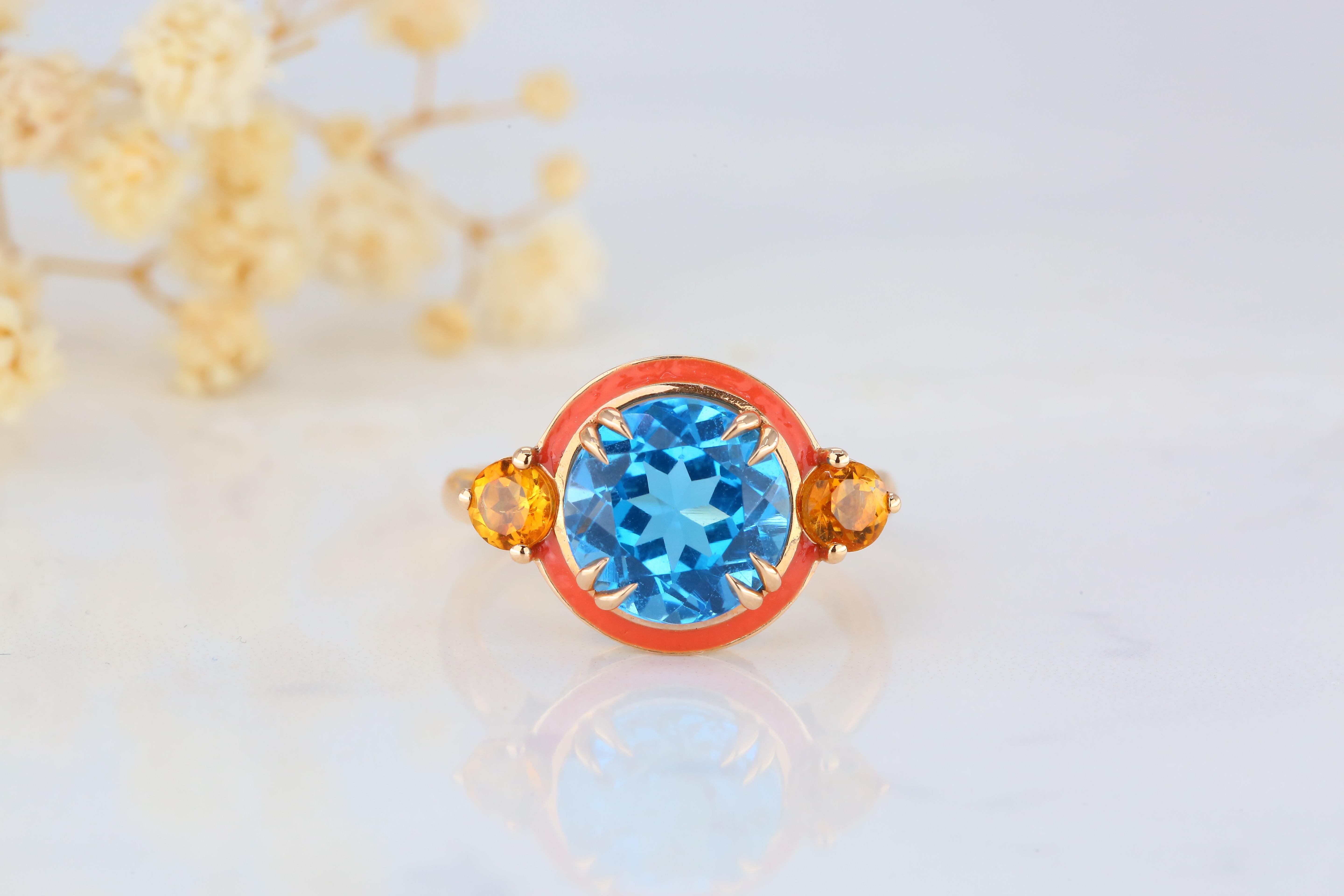 Sky Topaz and Citrine Coral Enameled Art Deco Haute Couture Design Ring For Sale 1
