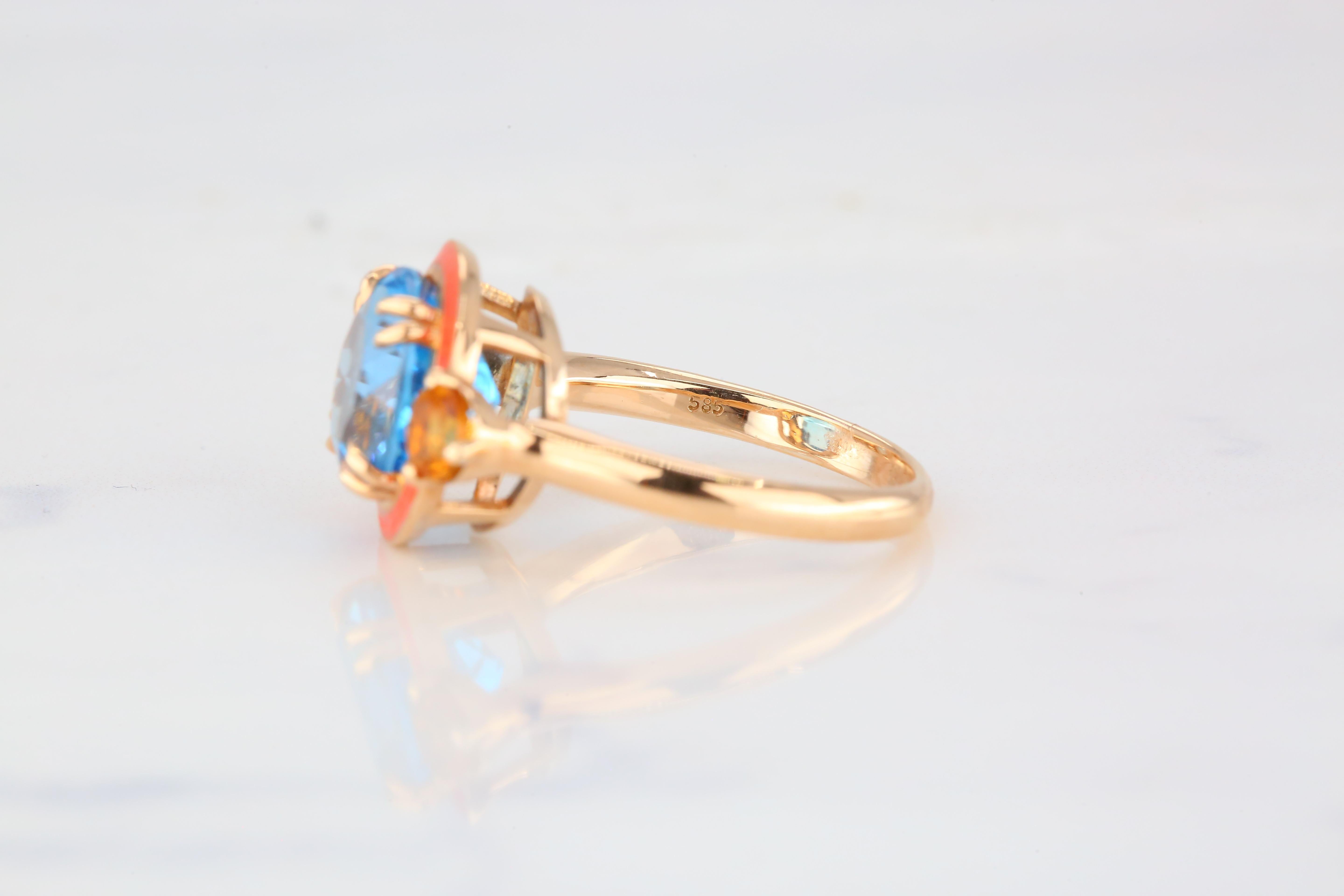 Sky Topaz and Citrine Coral Enameled Art Deco Haute Couture Design Ring For Sale 2