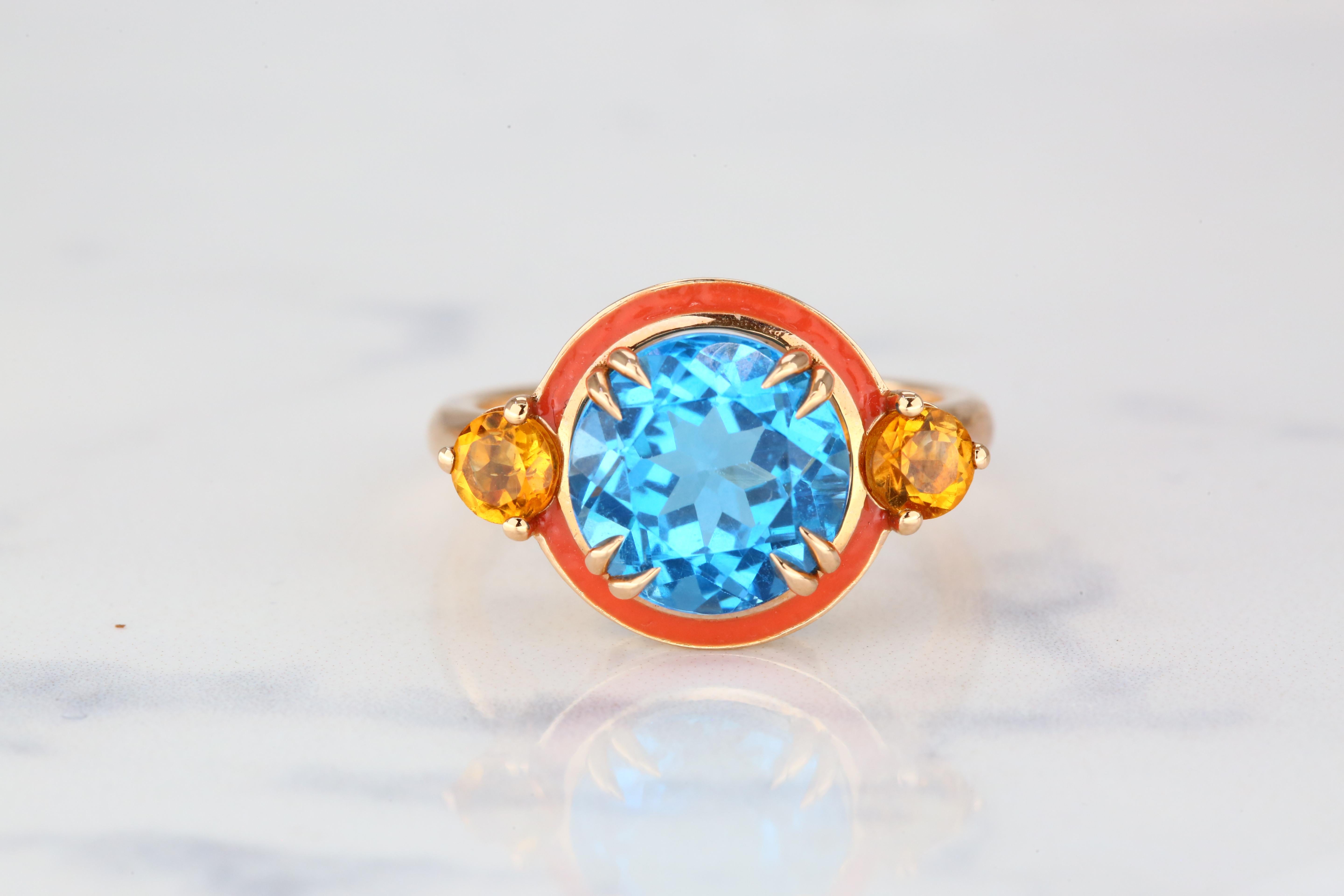 Sky Topaz and Citrine Coral Enameled Art Deco Haute Couture Design Ring For Sale 3