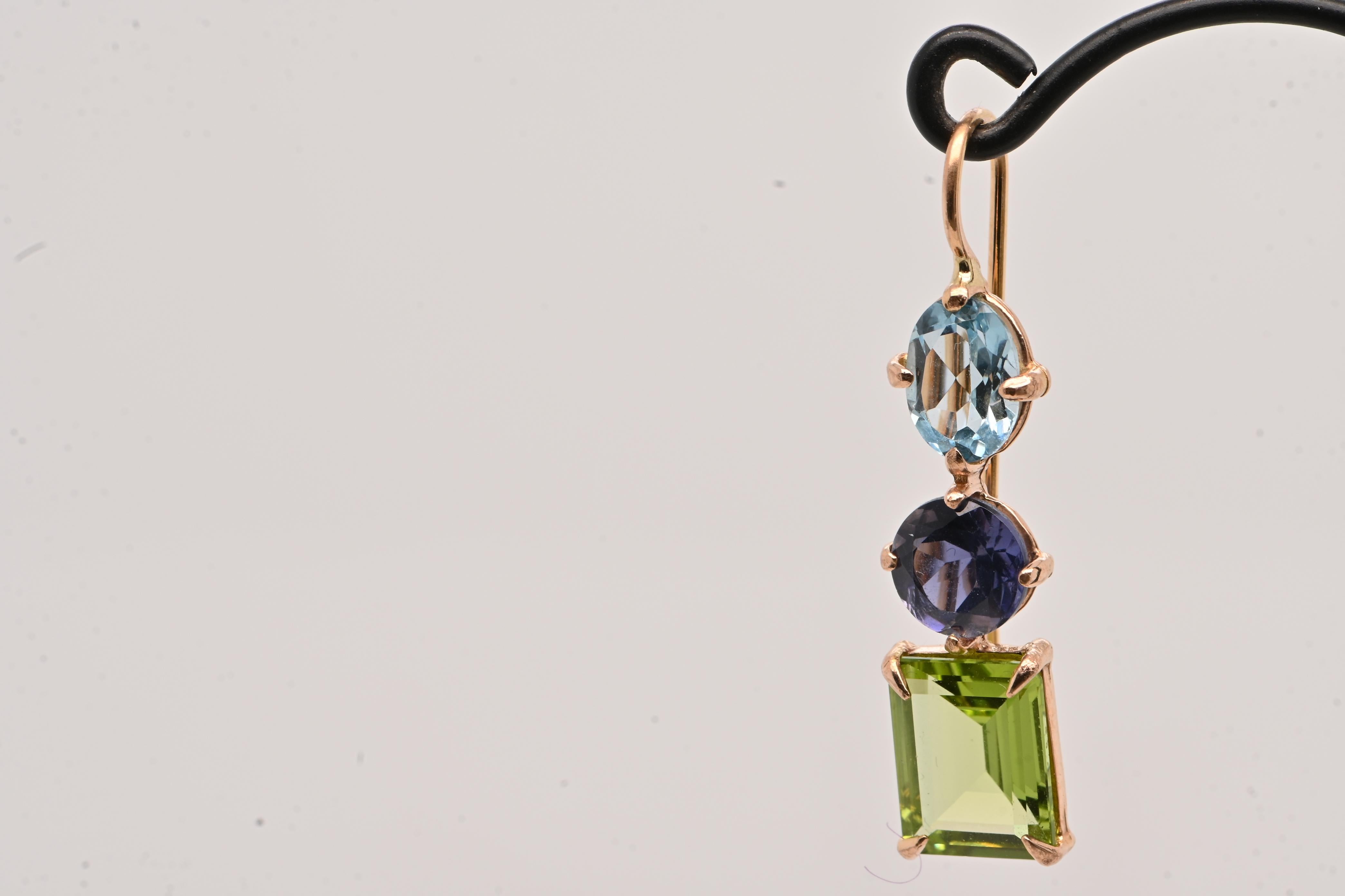 Art Deco Sky Topaz Iolite Peridot Rose Gold 18 Carats Earrings For Sale