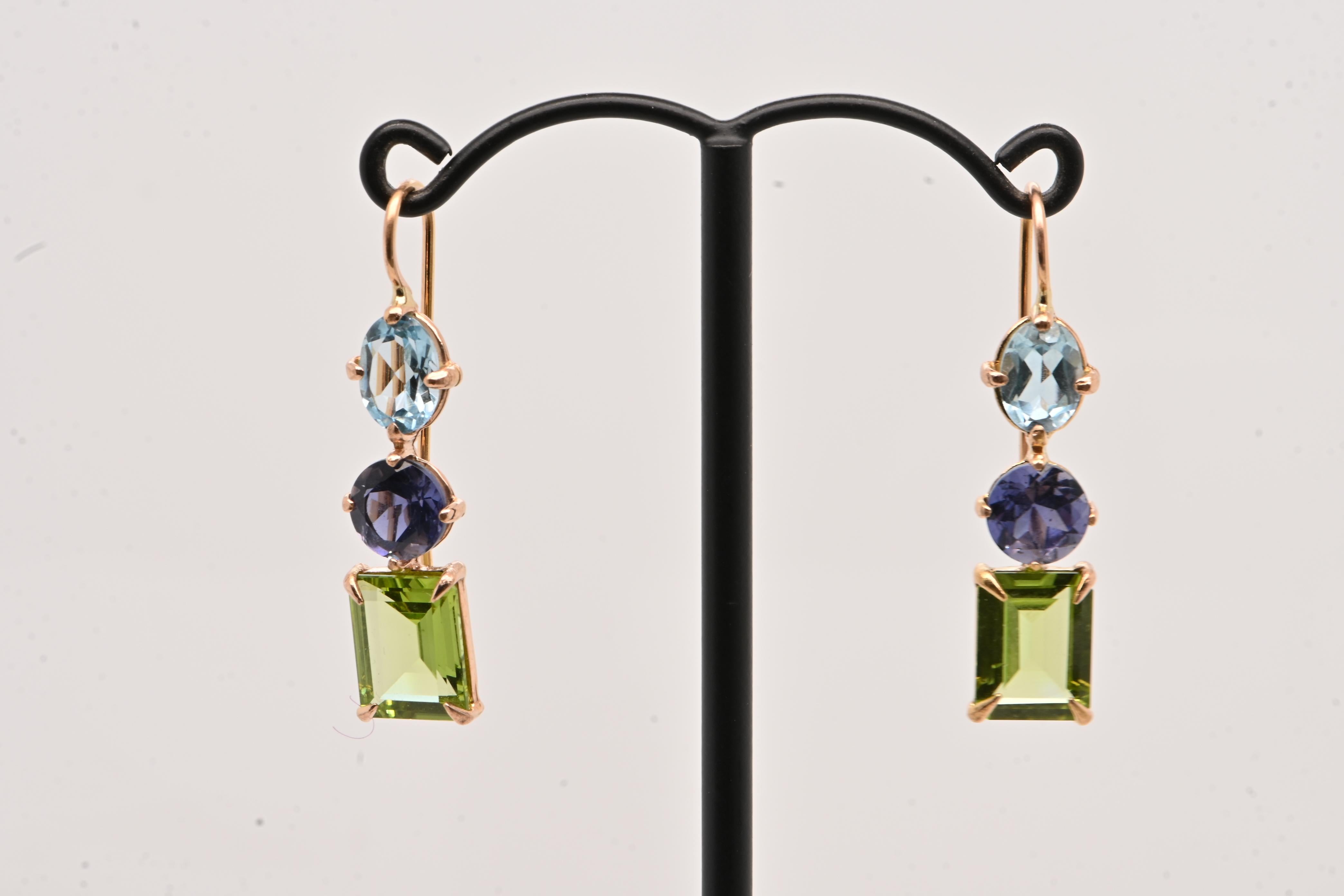 Oval Cut Sky Topaz Iolite Peridot Rose Gold 18 Carats Earrings For Sale