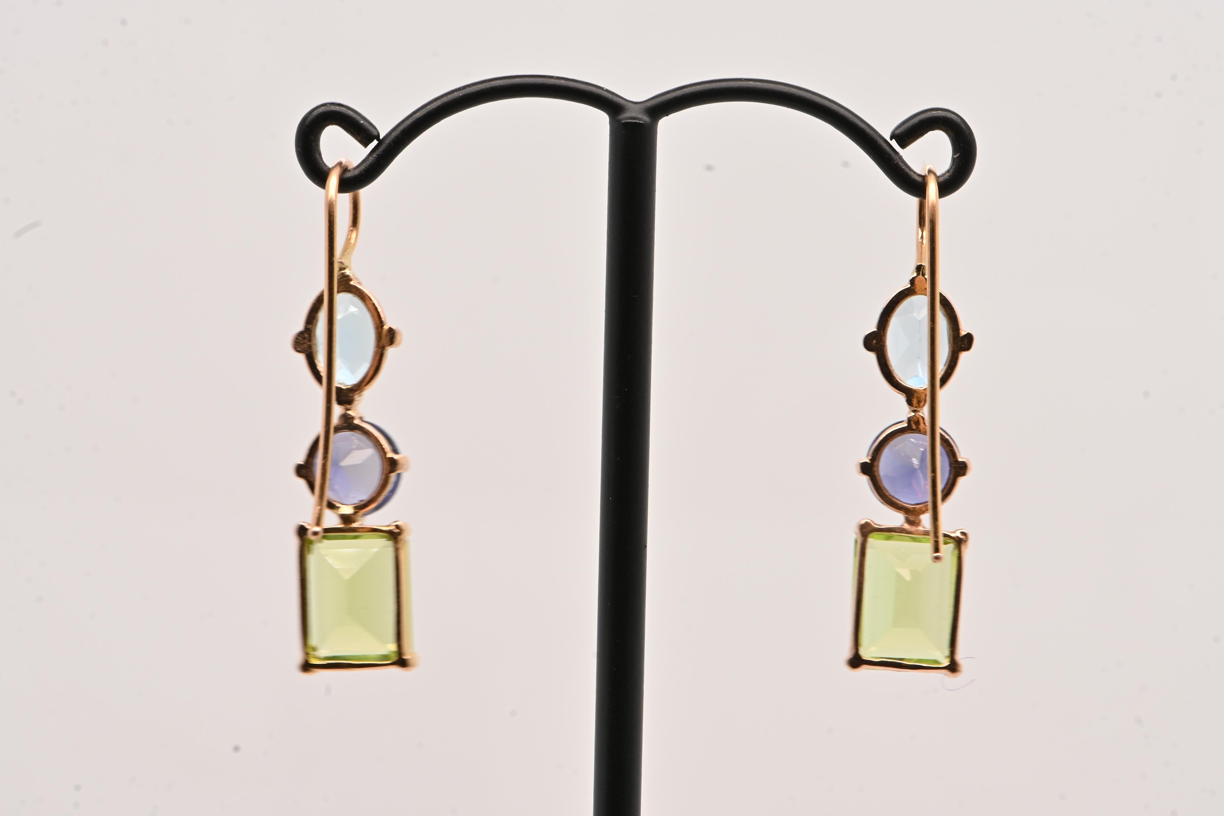 Sky Topaz Iolite Peridot Rose Gold 18 Carats Earrings In New Condition For Sale In Vannes, FR