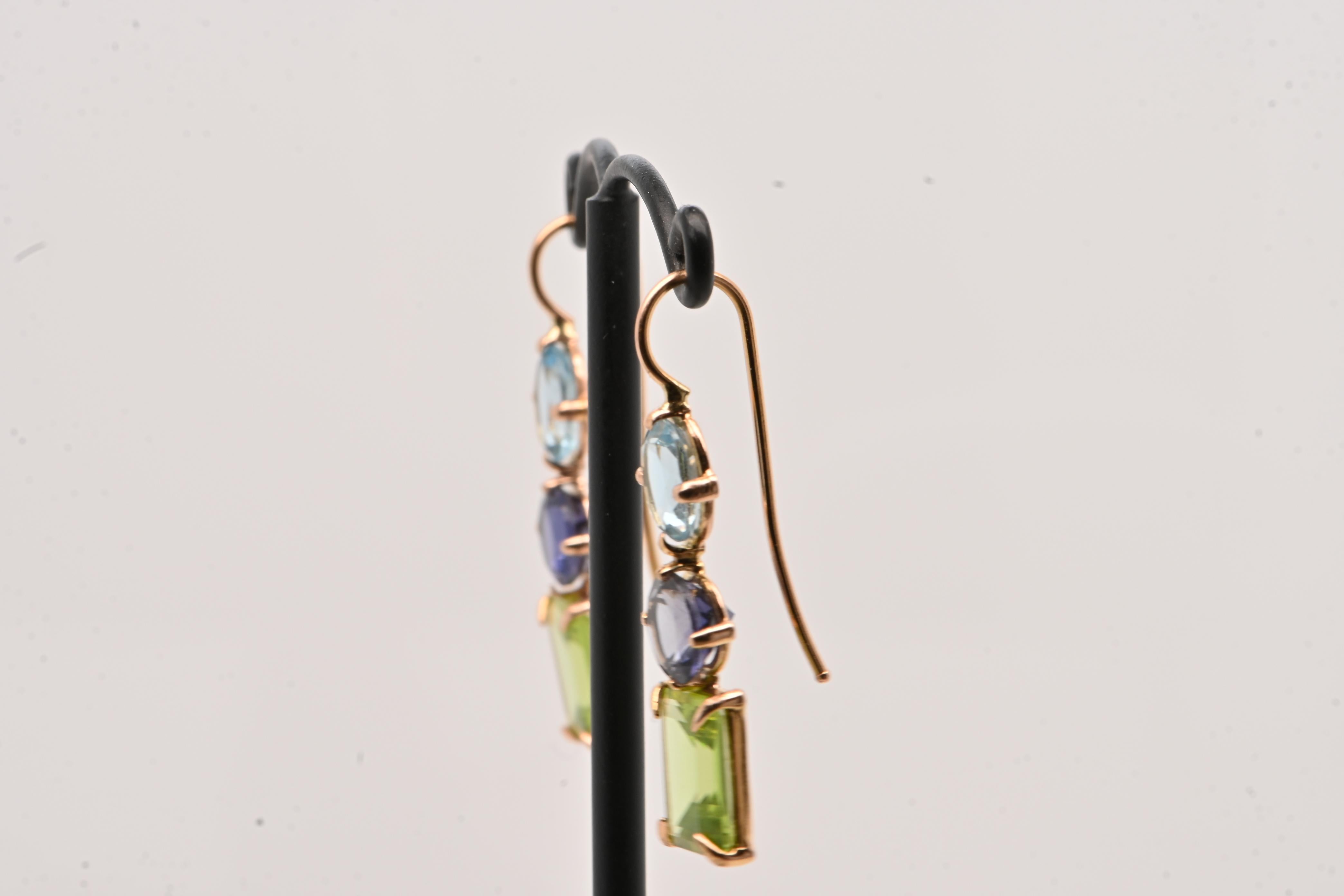 Women's or Men's Sky Topaz Iolite Peridot Rose Gold 18 Carats Earrings For Sale